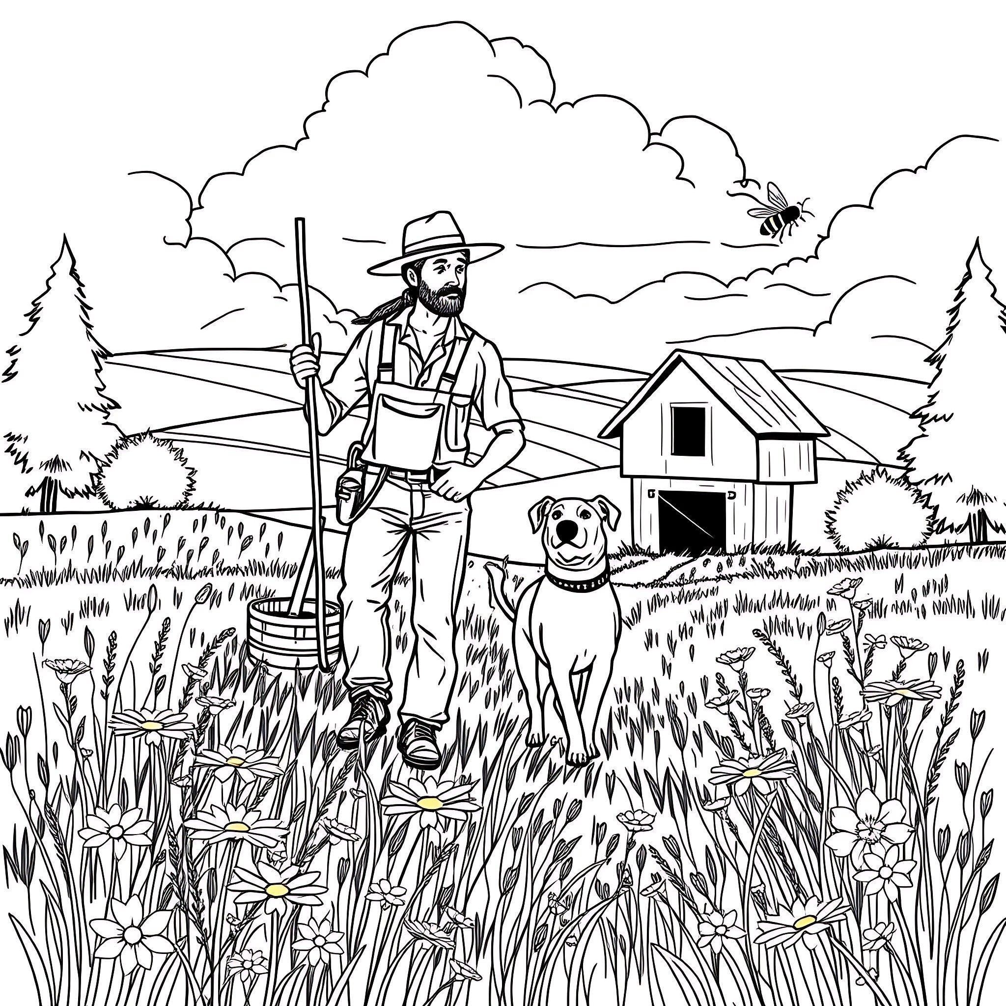 Farmer walking through their field with loyal dog Coloring Page (free black-and-white line drawing printable PDF for all, from beginners to advanced learners, including children, teens, adults, and seniors)