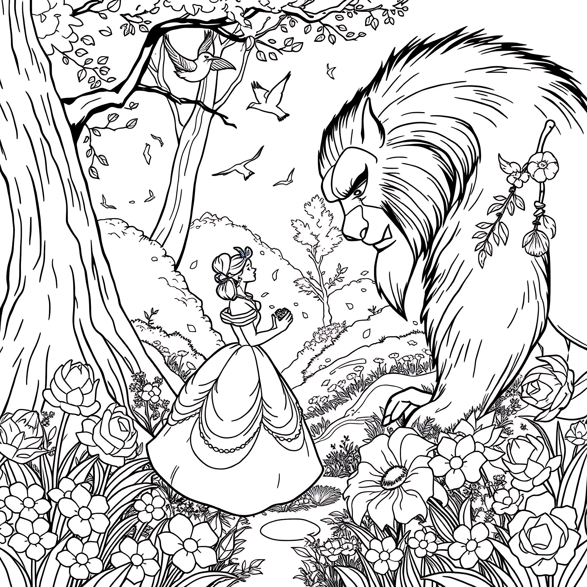Belle Princess Surrounded by Flowers and Butterflies in a Forest Coloring Page (free black-and-white line drawing printable PDF for all, from beginners to advanced learners, including children, teens, adults, and seniors)