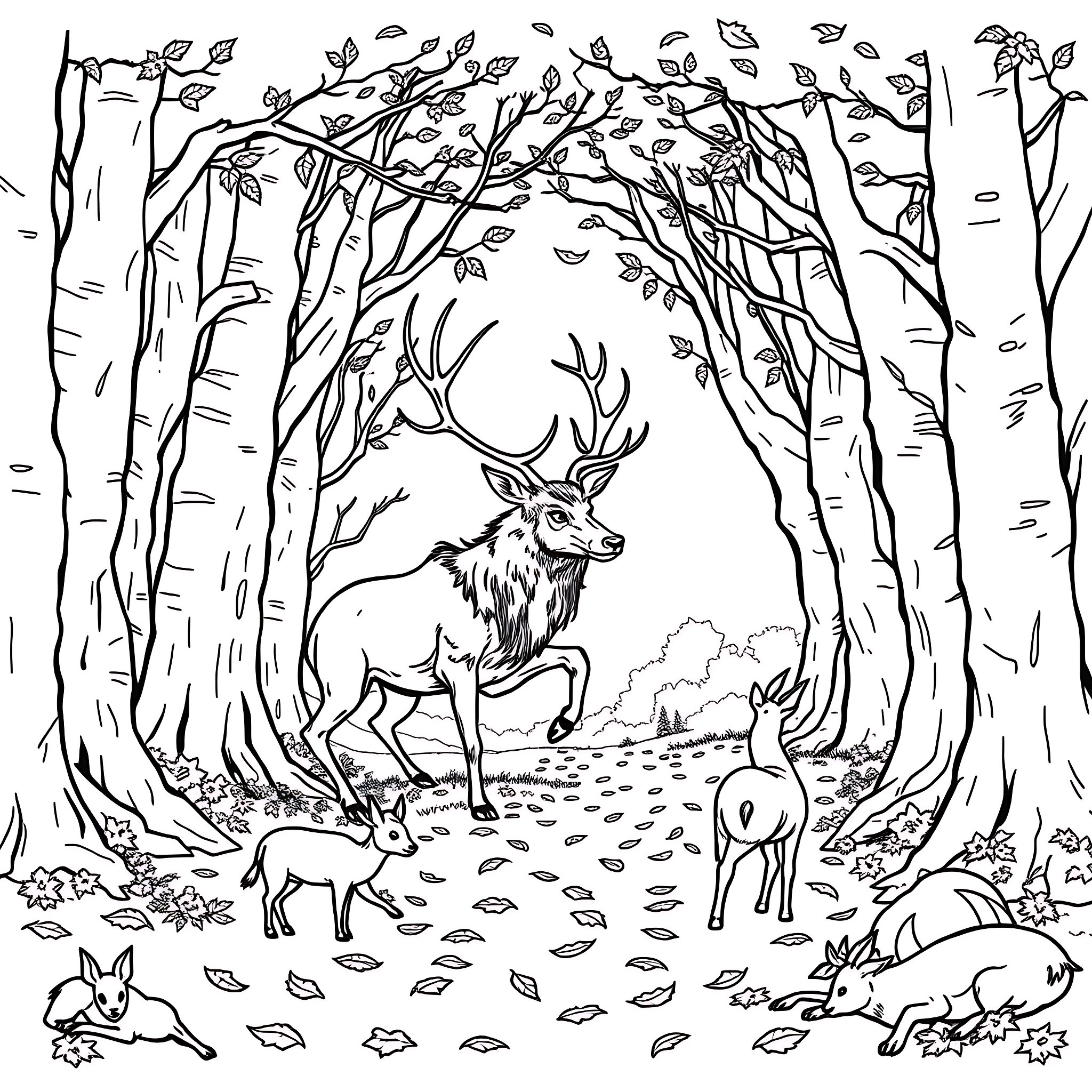 Deer in the Enchanted Forest Coloring Page (free black-and-white line drawing printable PDF for all, from beginners to advanced learners, including children, teens, adults, and seniors)