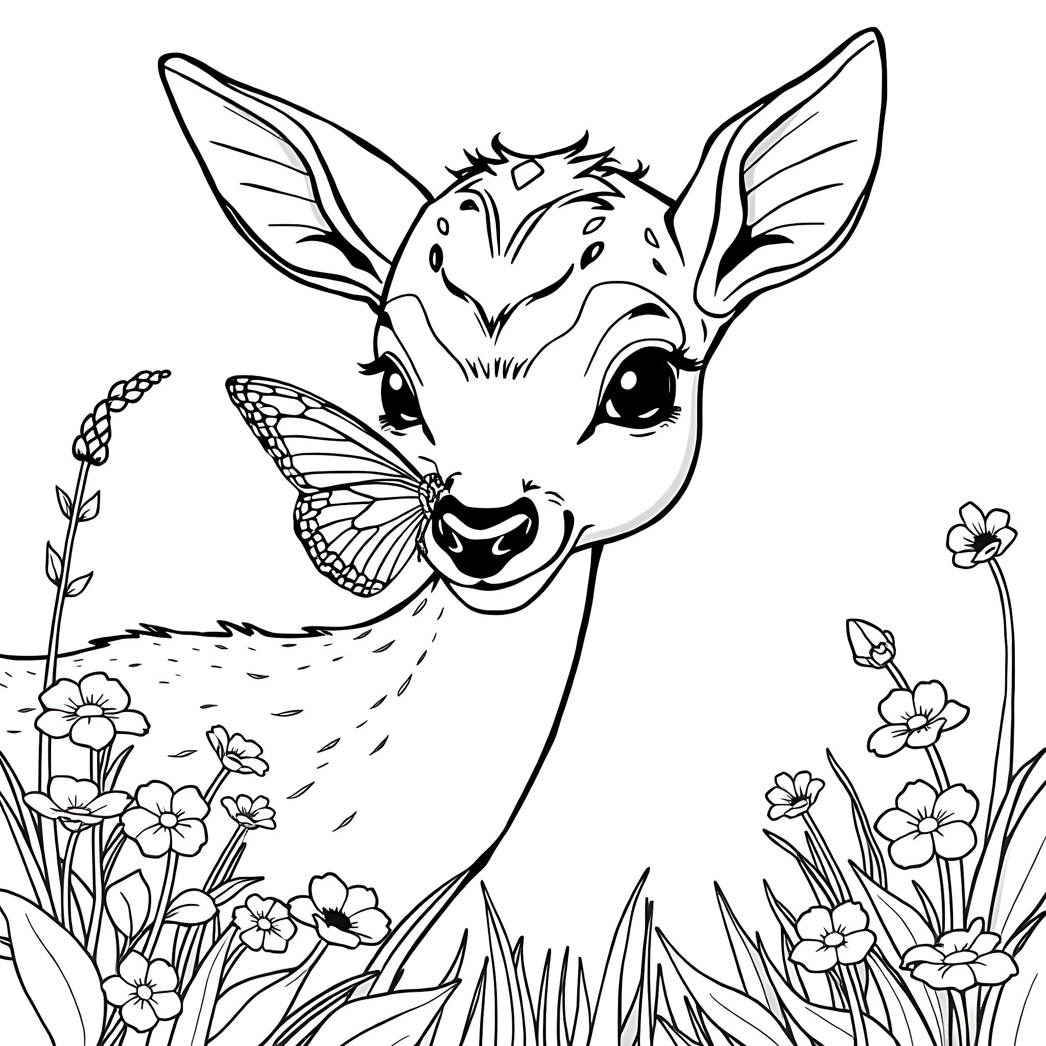 Deer enjoying the flowery meadow Coloring Page (free black-and-white line drawing printable PDF for all, from beginners to advanced learners, including children, teens, adults, and seniors)