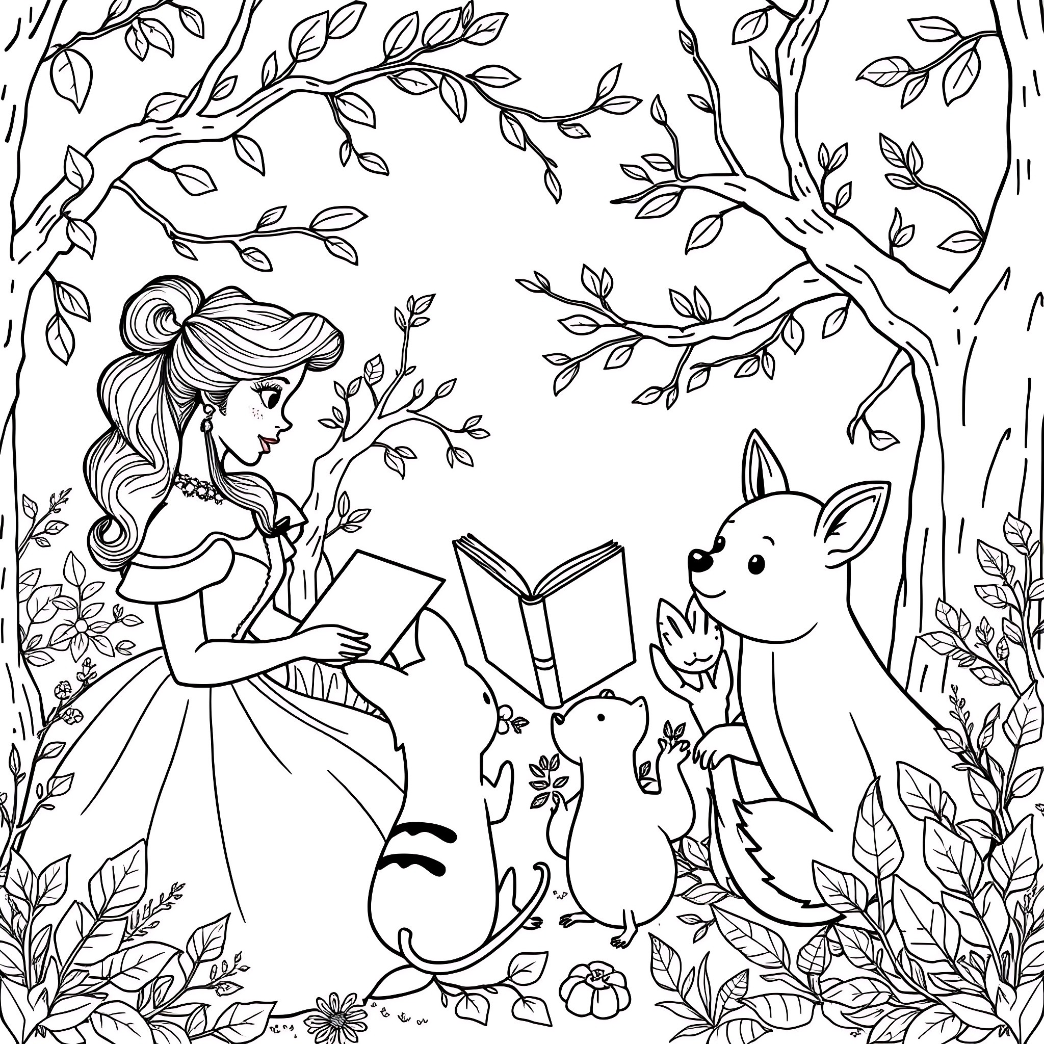 Belle Princess reads a book surrounded by forest creatures Coloring Page (free black-and-white line drawing printable PDF for all, from beginners to advanced learners, including children, teens, adults, and seniors)