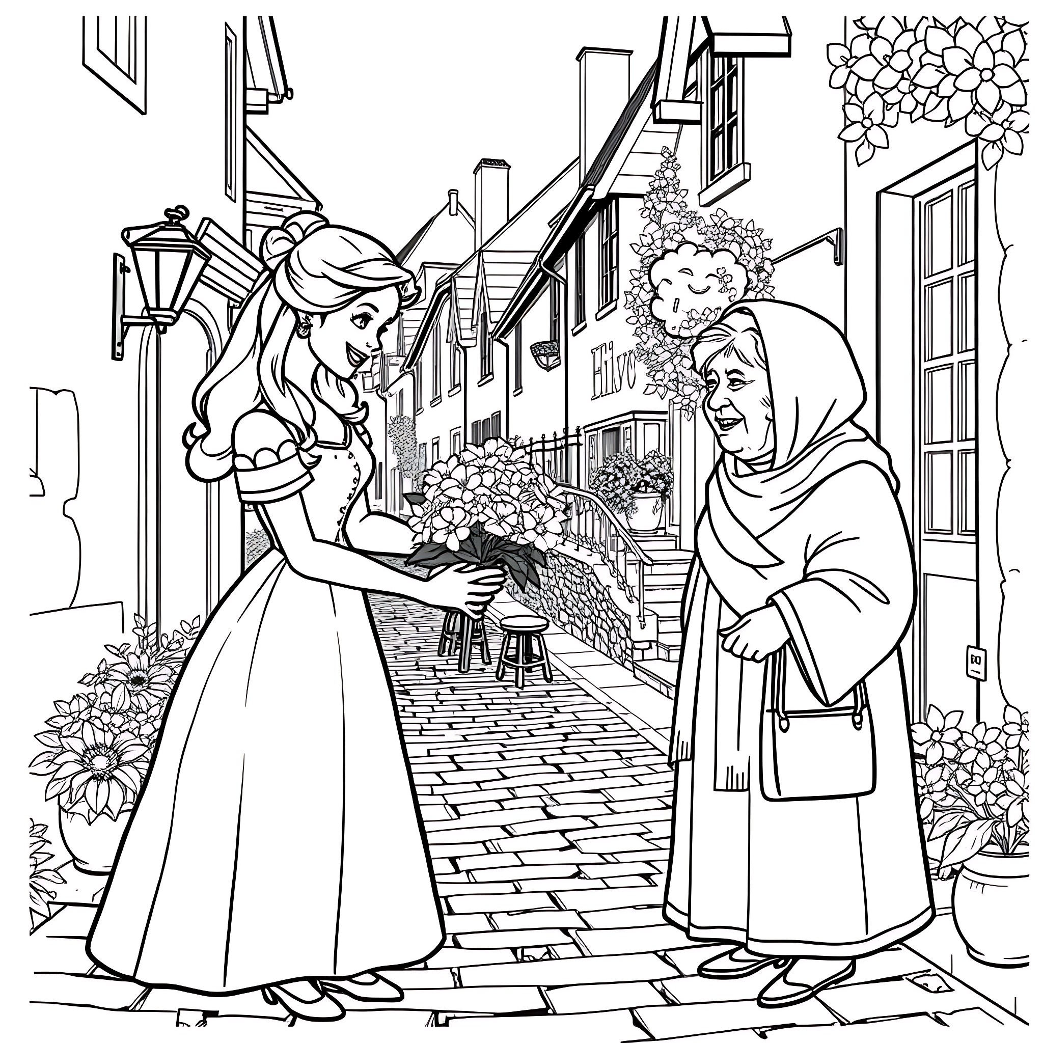 Belle Princess Receiving Flowers from Street Vendor Coloring Page (free black-and-white line drawing printable PDF for all, from beginners to advanced learners, including children, teens, adults, and seniors)