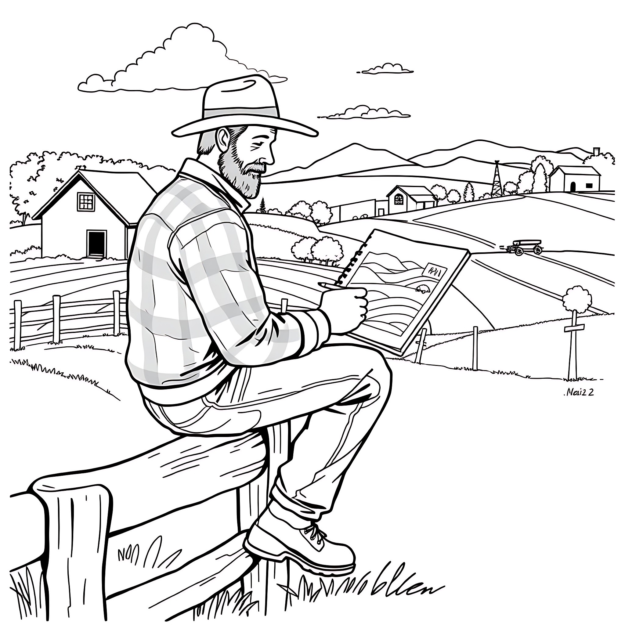 Farmer sketching the rural landscape Coloring Page (free black-and-white line drawing printable PDF for all, from beginners to advanced learners, including children, teens, adults, and seniors)