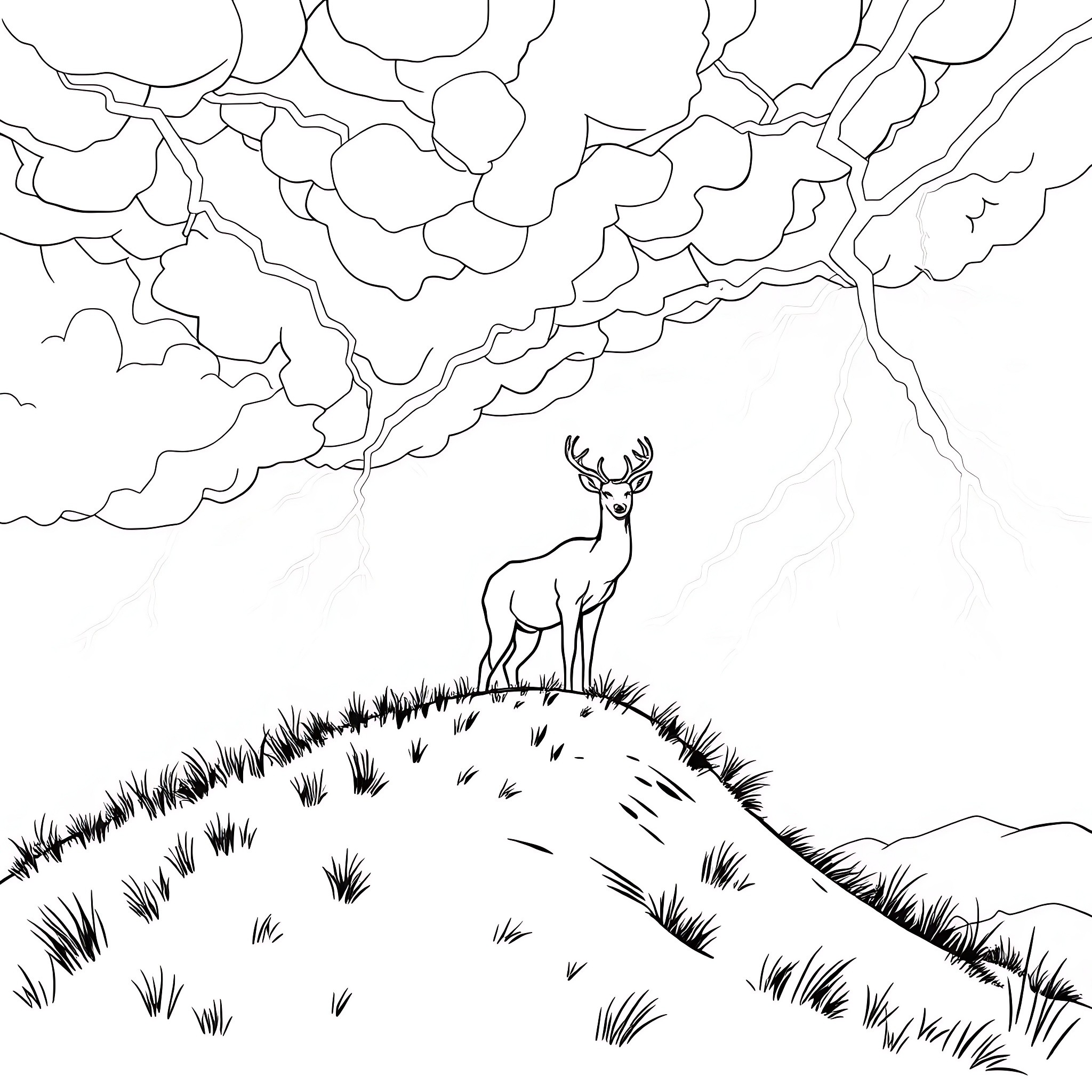 Deer standing on hill under dramatic clouds Coloring Page (free black-and-white line drawing printable PDF for all, from beginners to advanced learners, including children, teens, adults, and seniors)