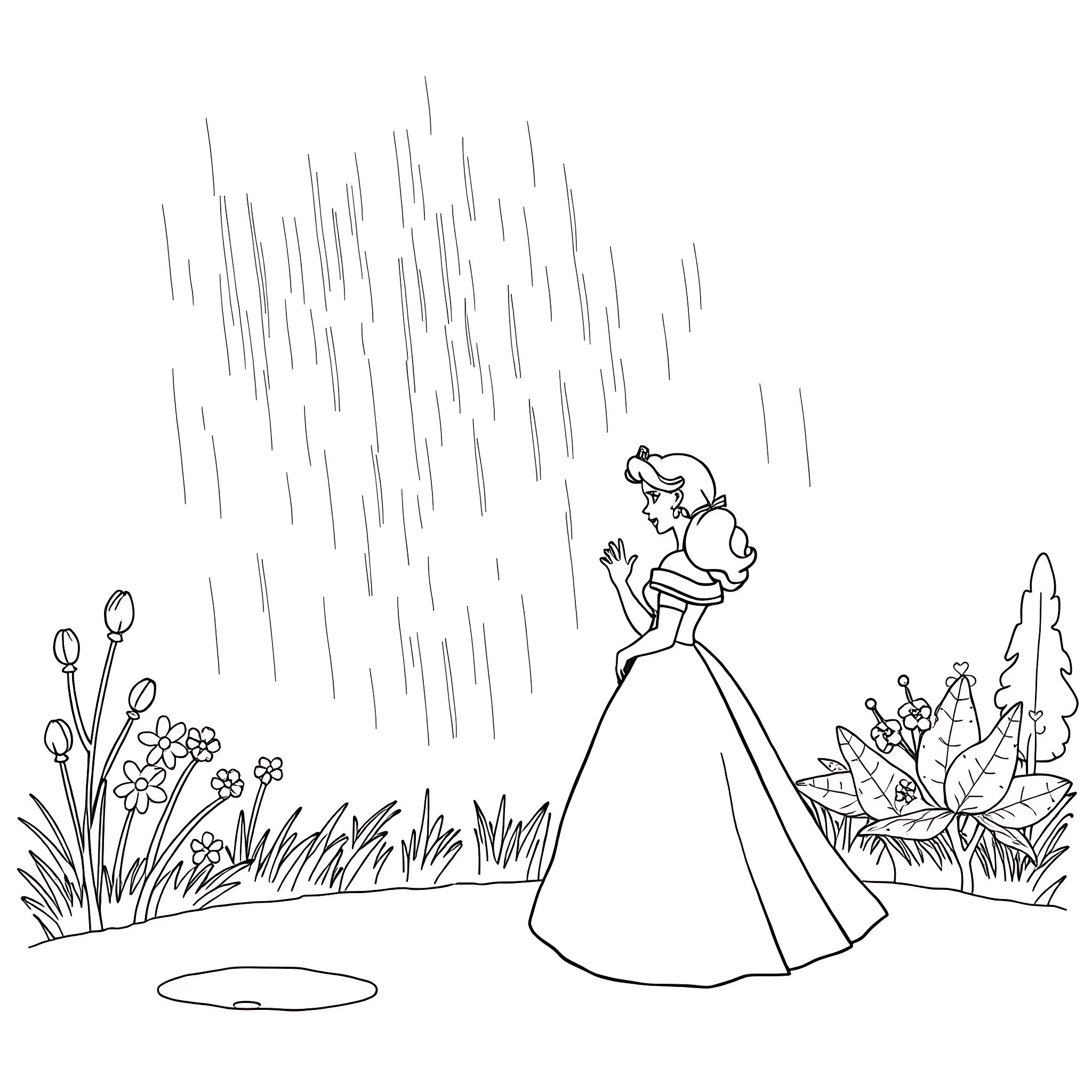 Belle Princess exploring the enchanted garden Coloring Page (free black-and-white line drawing printable PDF for all, from beginners to advanced learners, including children, teens, adults, and seniors)
