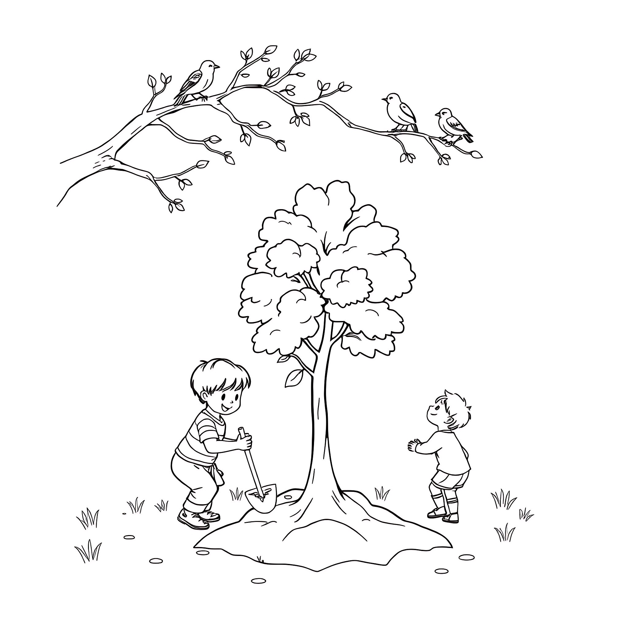 Farmer children playing in the countryside Coloring Page (free black-and-white line drawing printable PDF for all, from beginners to advanced learners, including children, teens, adults, and seniors)