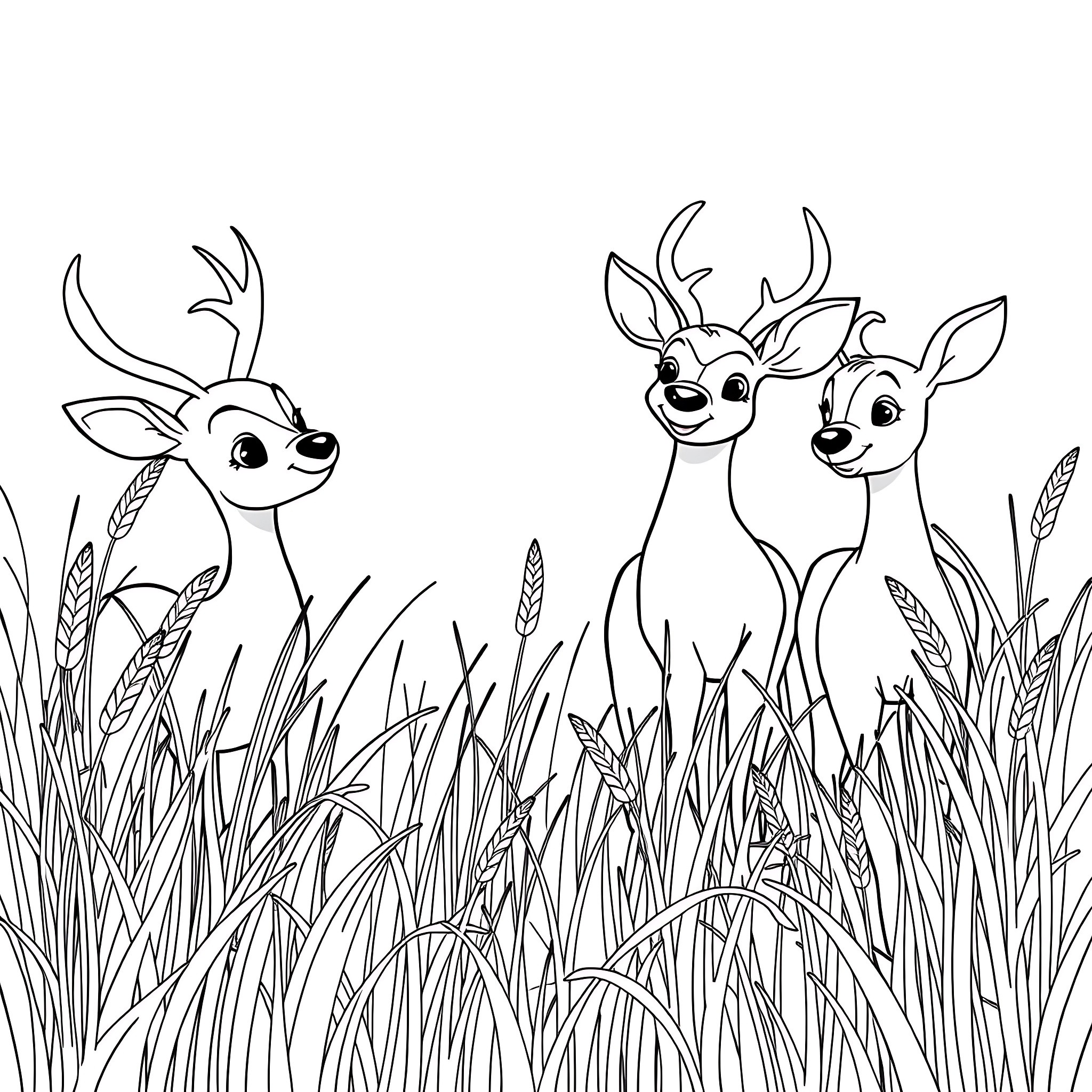 Deer grazing happily in the meadow Coloring Page (free black-and-white line drawing printable PDF for all, from beginners to advanced learners, including children, teens, adults, and seniors)
