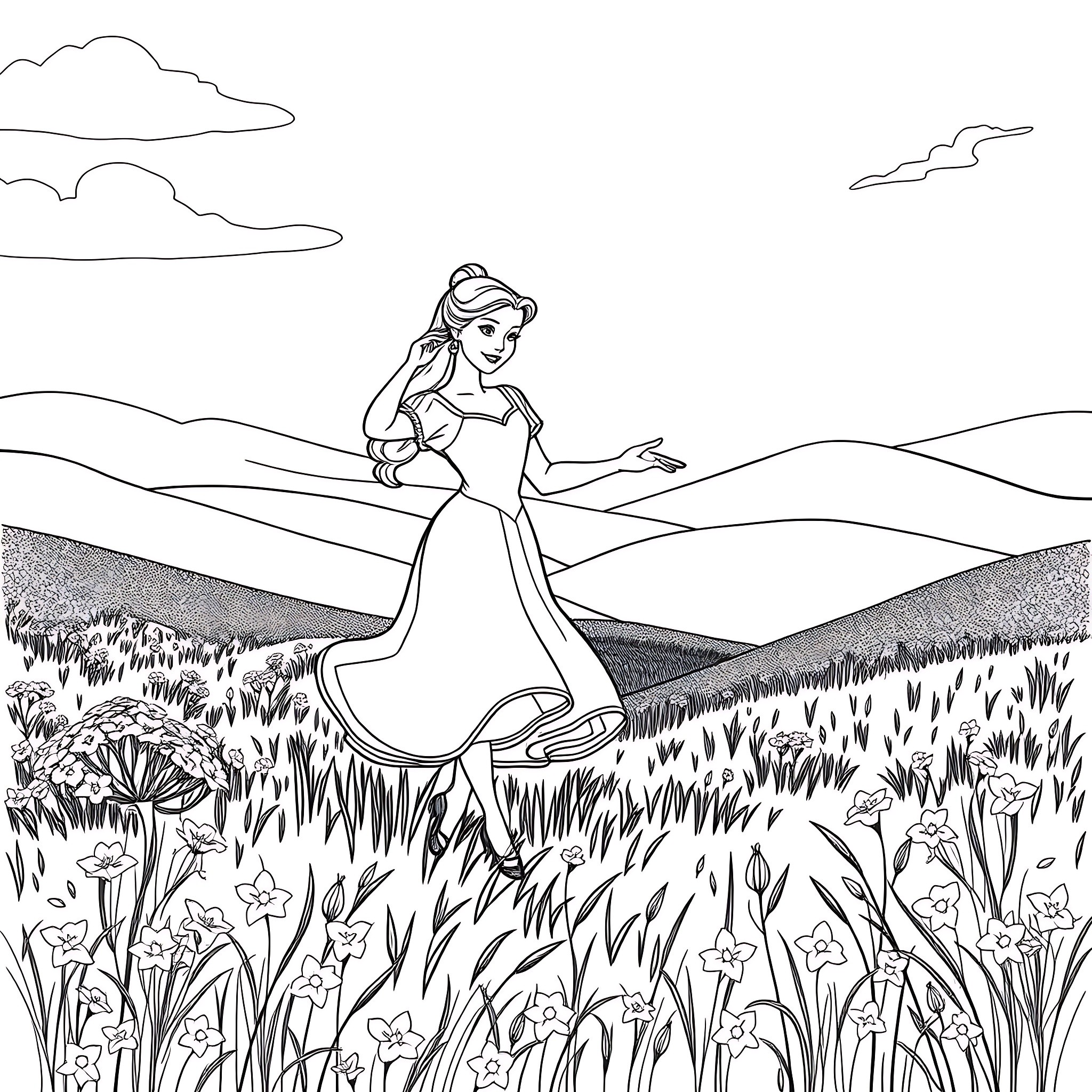 Belle Princess Enjoying a Peaceful Meadow Coloring Page (free black-and-white line drawing printable PDF for all, from beginners to advanced learners, including children, teens, adults, and seniors)
