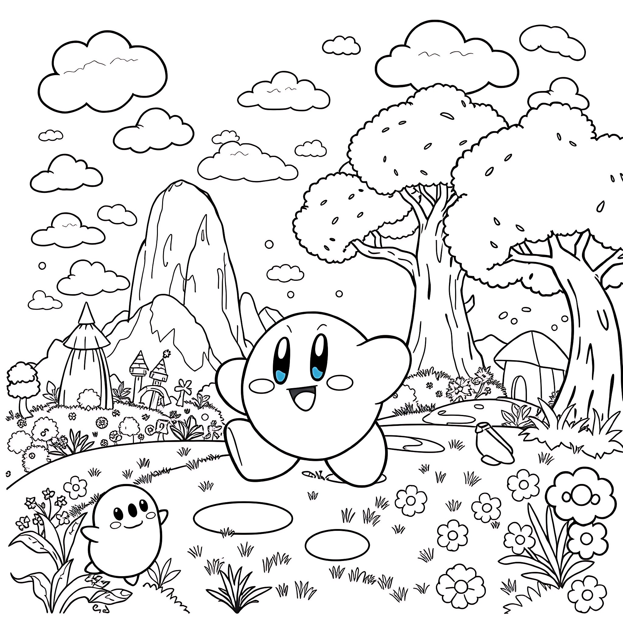 Kirby and Friends Exploring the Whimsical Landscape Coloring Page (free black-and-white line drawing printable PDF for all, from beginners to advanced learners, including children, teens, adults, and seniors)