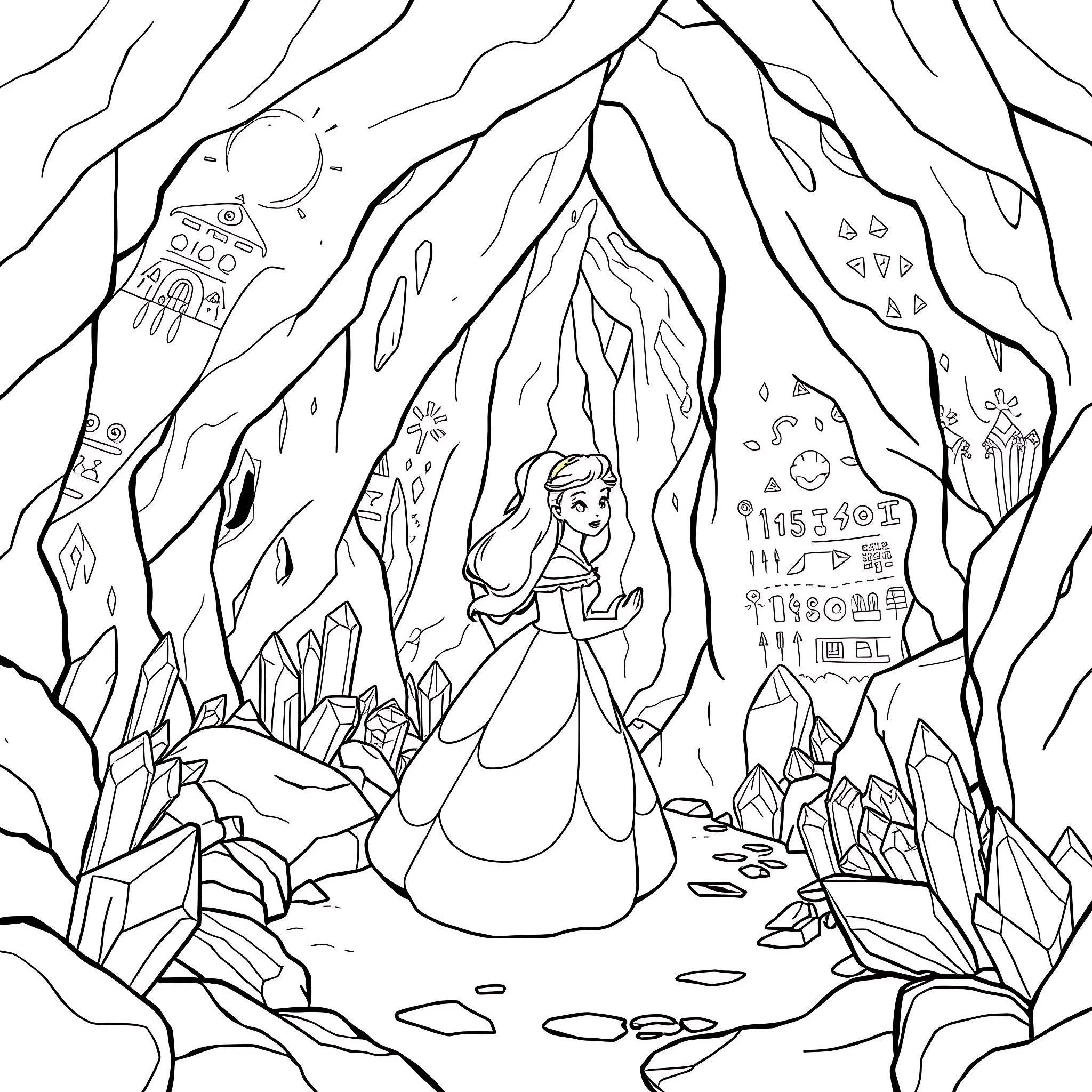 Belle Princess in a Magical Crystal Cave Coloring Page (free black-and-white line drawing printable PDF for all, from beginners to advanced learners, including children, teens, adults, and seniors)