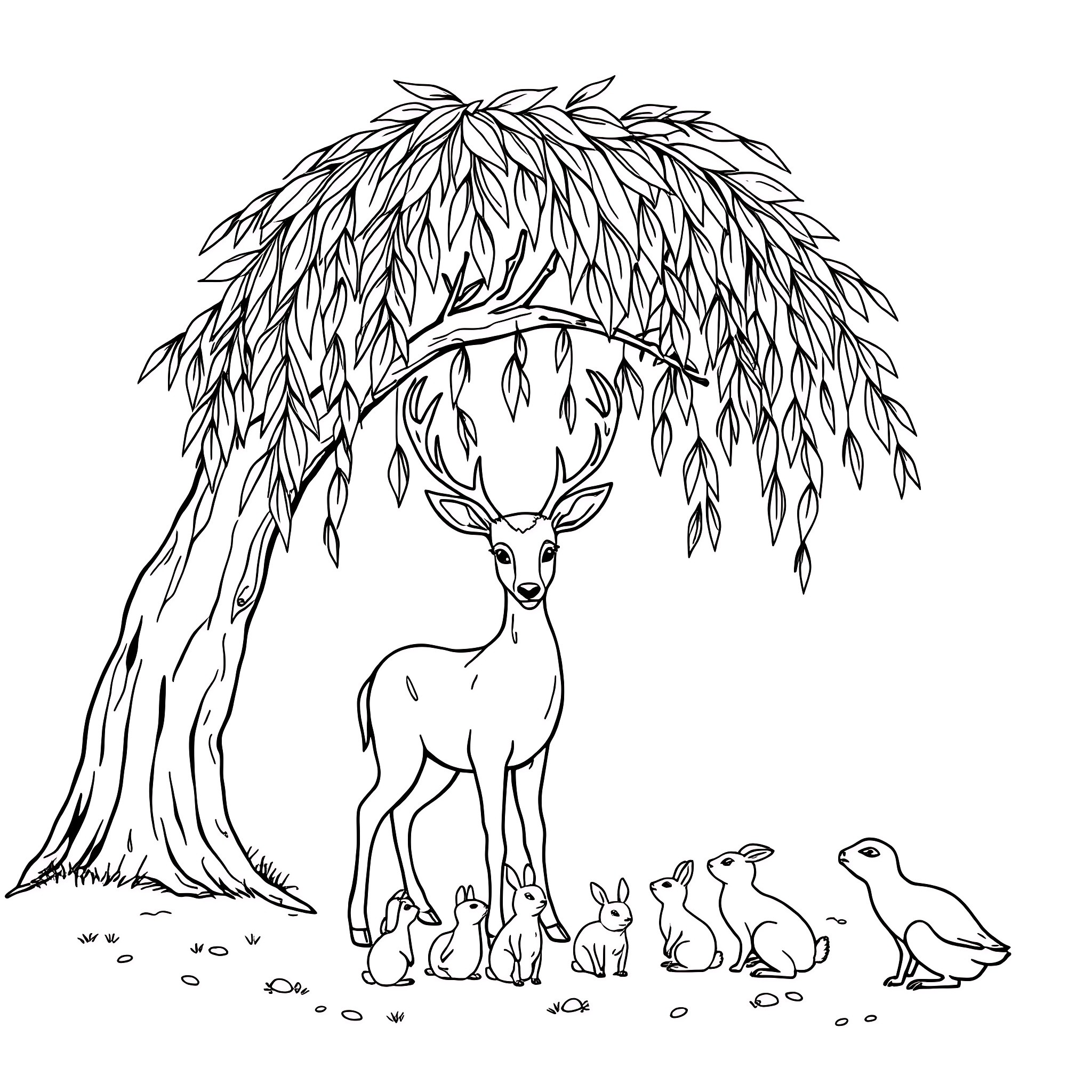 Deer and animal family under the willow tree Coloring Page (free black-and-white line drawing printable PDF for all, from beginners to advanced learners, including children, teens, adults, and seniors)