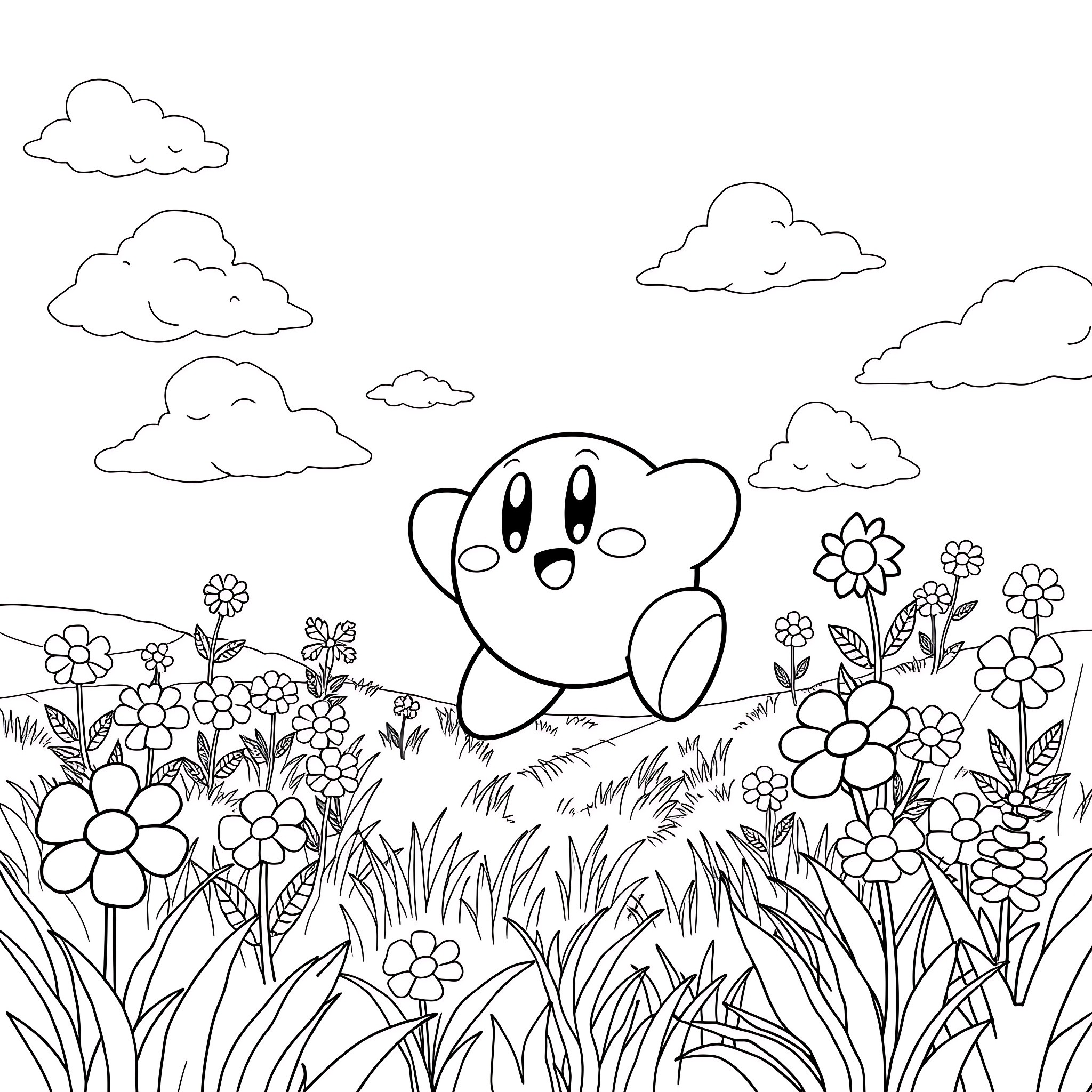 Kirby explores a charming floral meadow Coloring Page (free black-and-white line drawing printable PDF for all, from beginners to advanced learners, including children, teens, adults, and seniors)