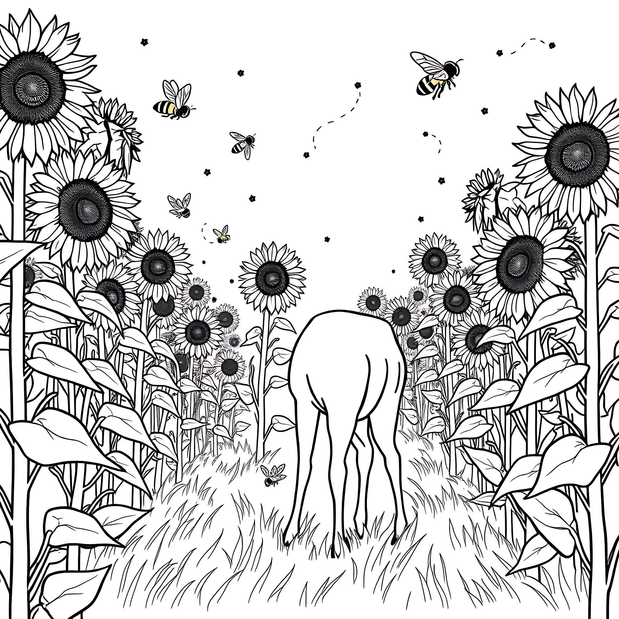 Deer in a Sunflower Field with Buzzing Bees Coloring Page (free black-and-white line drawing printable PDF for all, from beginners to advanced learners, including children, teens, adults, and seniors)