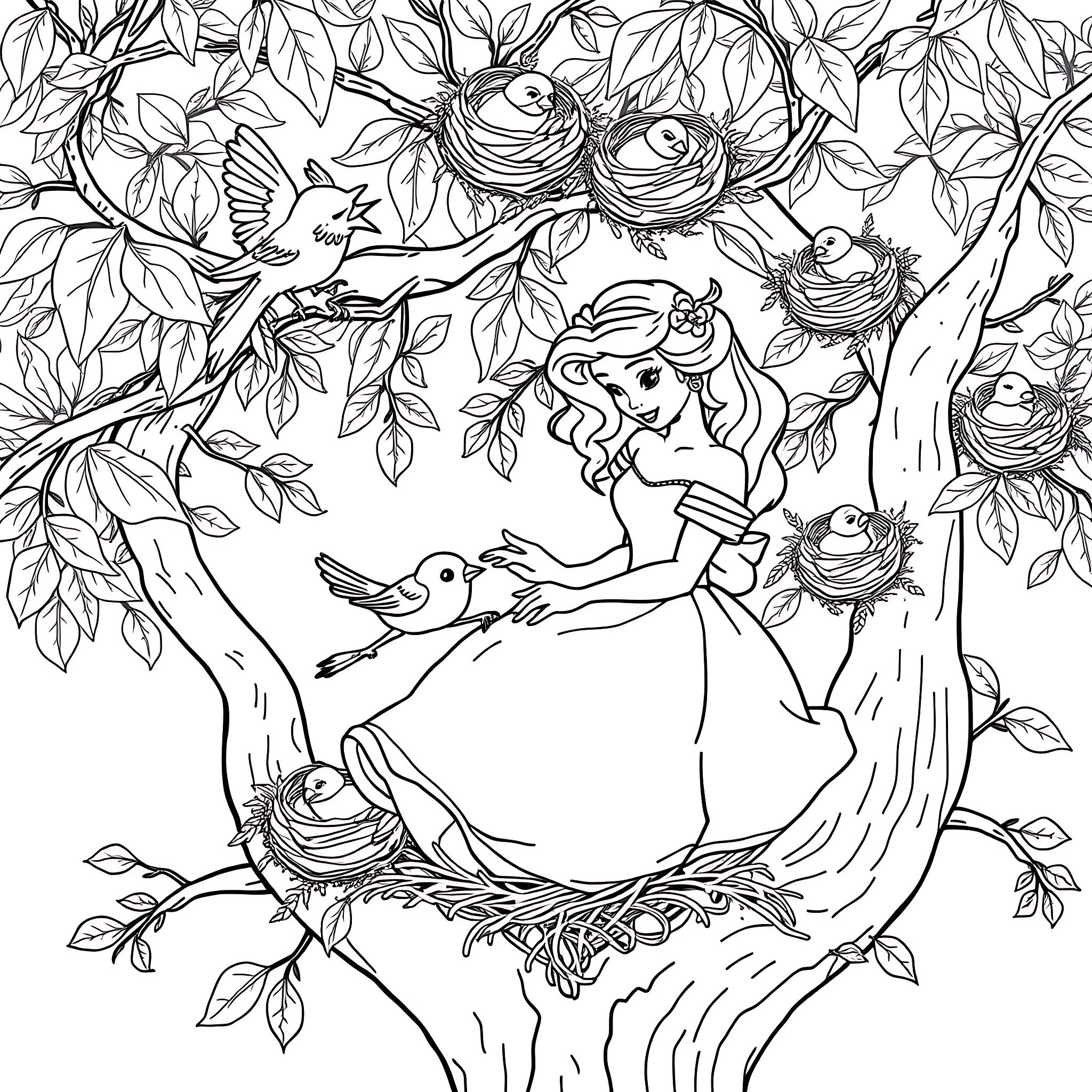 Belle Princess interacting with birds and nests in forest Coloring Page (free black-and-white line drawing printable PDF for all, from beginners to advanced learners, including children, teens, adults, and seniors)