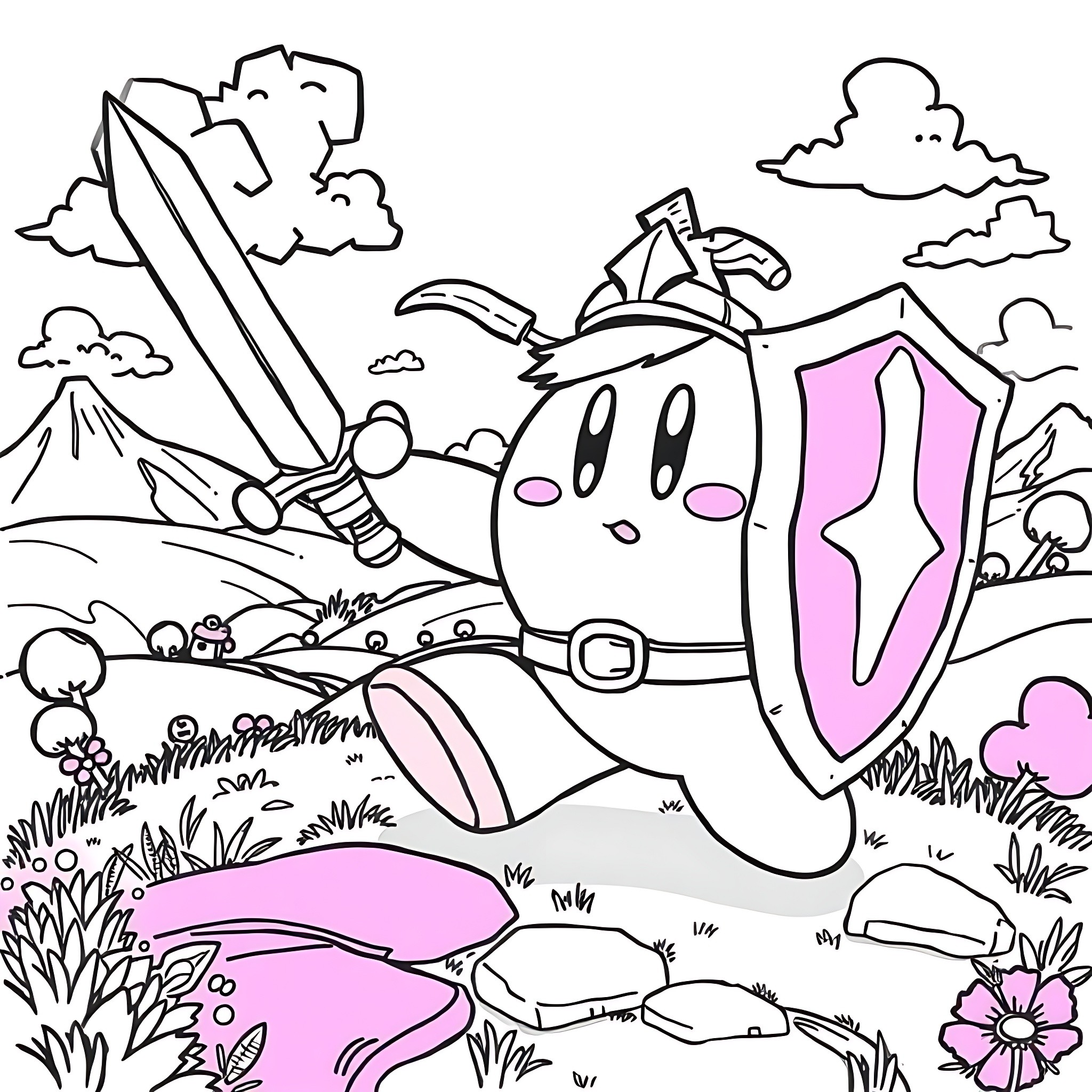 Kirby adventuring with sword and shield in a fantasy landscape Coloring Page (free black-and-white line drawing printable PDF for all, from beginners to advanced learners, including children, teens, adults, and seniors)