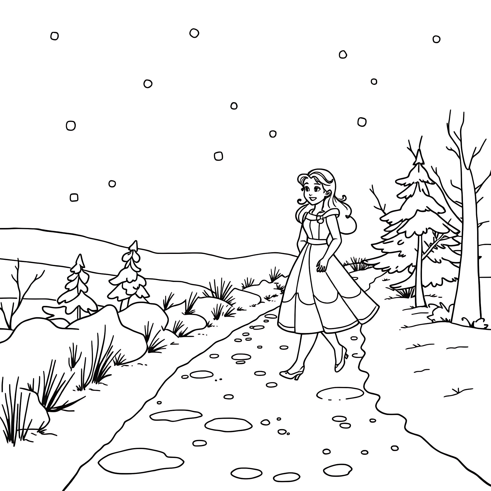 Belle Princess walking through a snowy forest landscape Coloring Page (free black-and-white line drawing printable PDF for all, from beginners to advanced learners, including children, teens, adults, and seniors)