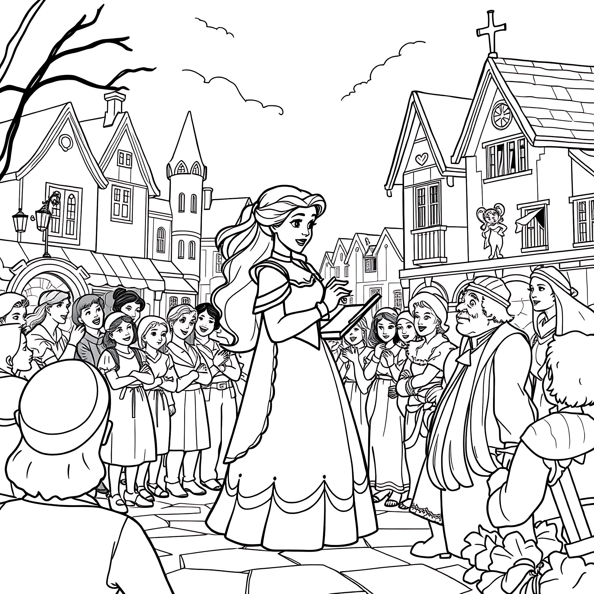 Belle Princess surrounded by townspeople in a medieval town Coloring Page (free black-and-white line drawing printable PDF for all, from beginners to advanced learners, including children, teens, adults, and seniors)