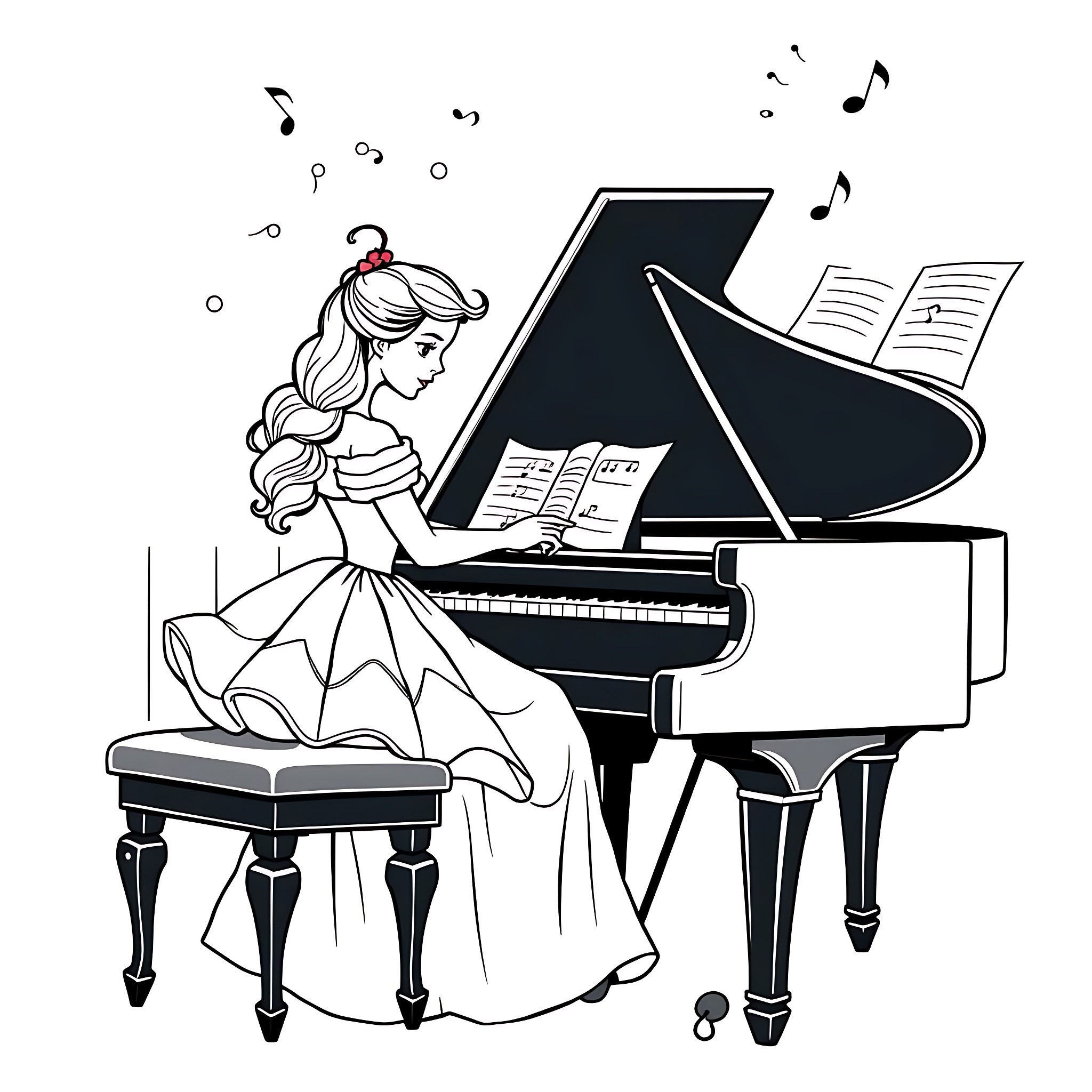 Belle Princess Playing the Grand Piano Coloring Page (free black-and-white line drawing printable PDF for all, from beginners to advanced learners, including children, teens, adults, and seniors)
