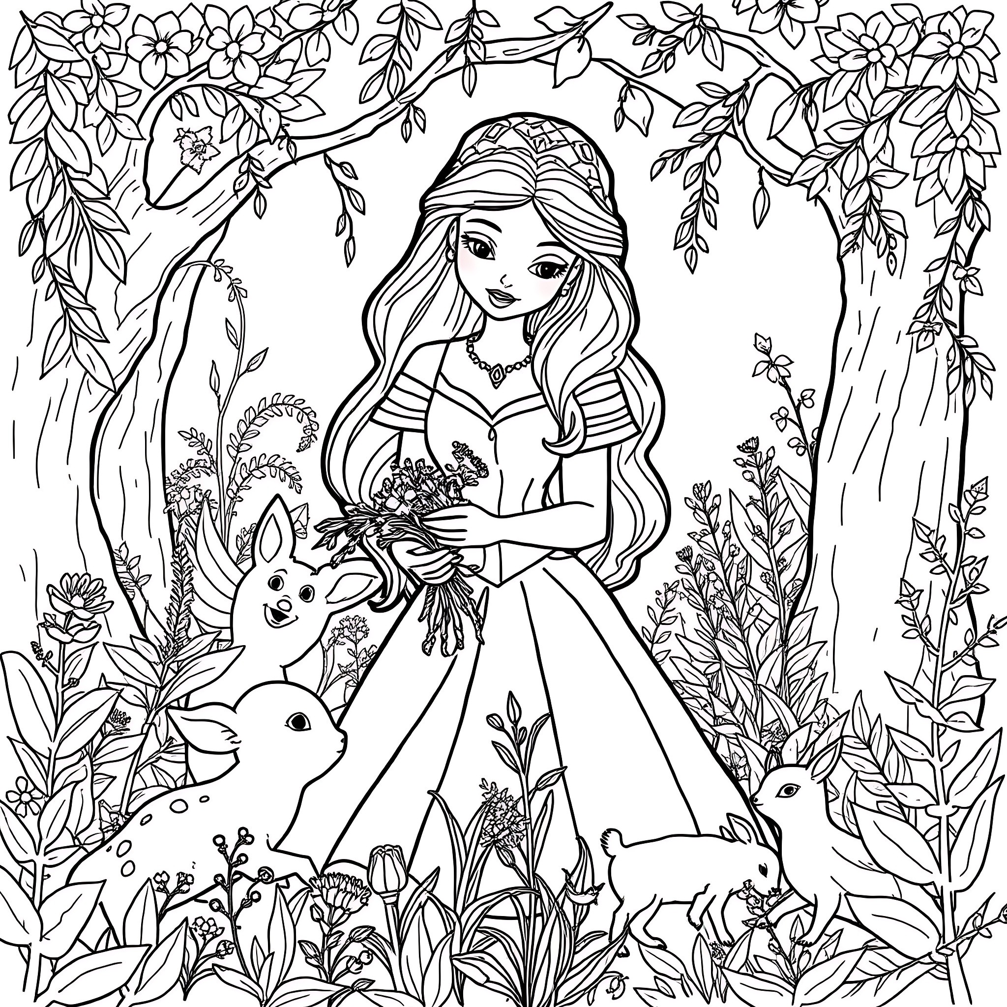 Belle Princess Surrounded by Flowers and Forest Creatures Coloring Page (free black-and-white line drawing printable PDF for all, from beginners to advanced learners, including children, teens, adults, and seniors)