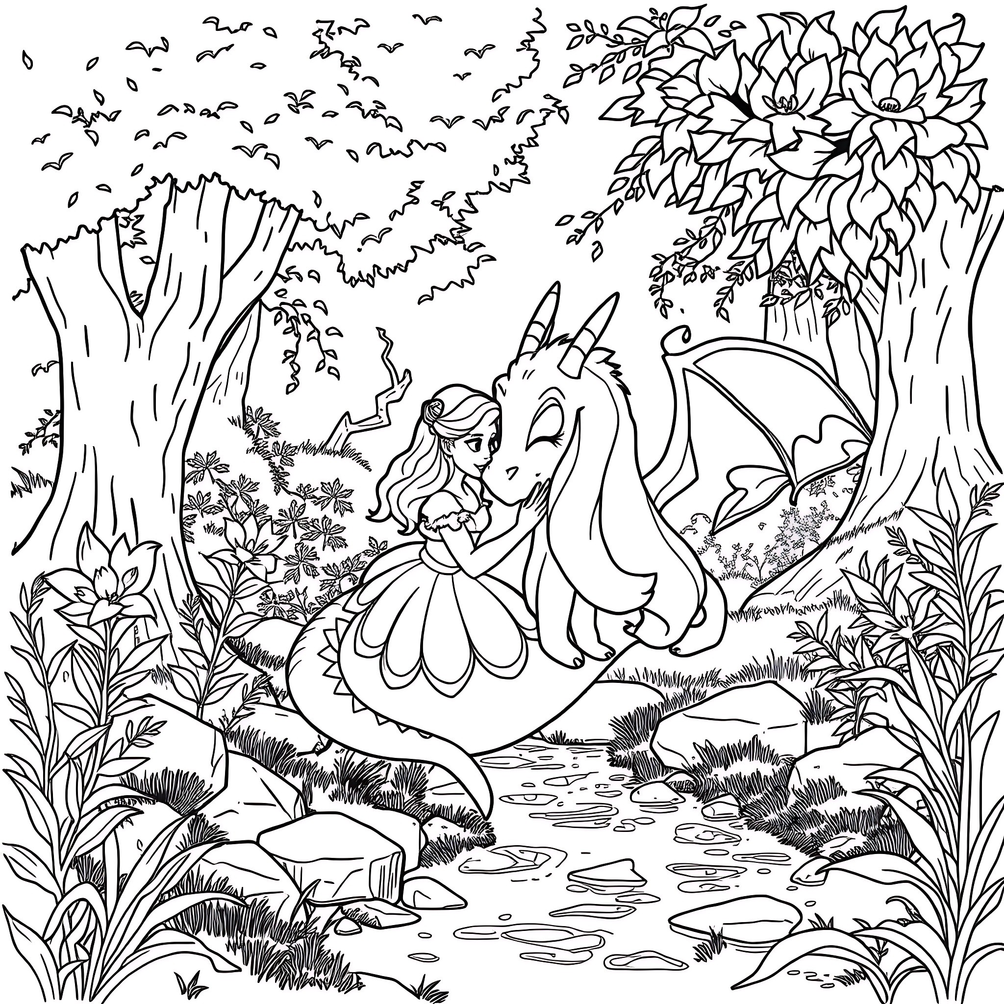 Belle Princess Riding a Majestic Dragon in a Magical Forest Coloring Page (free black-and-white line drawing printable PDF for all, from beginners to advanced learners, including children, teens, adults, and seniors)