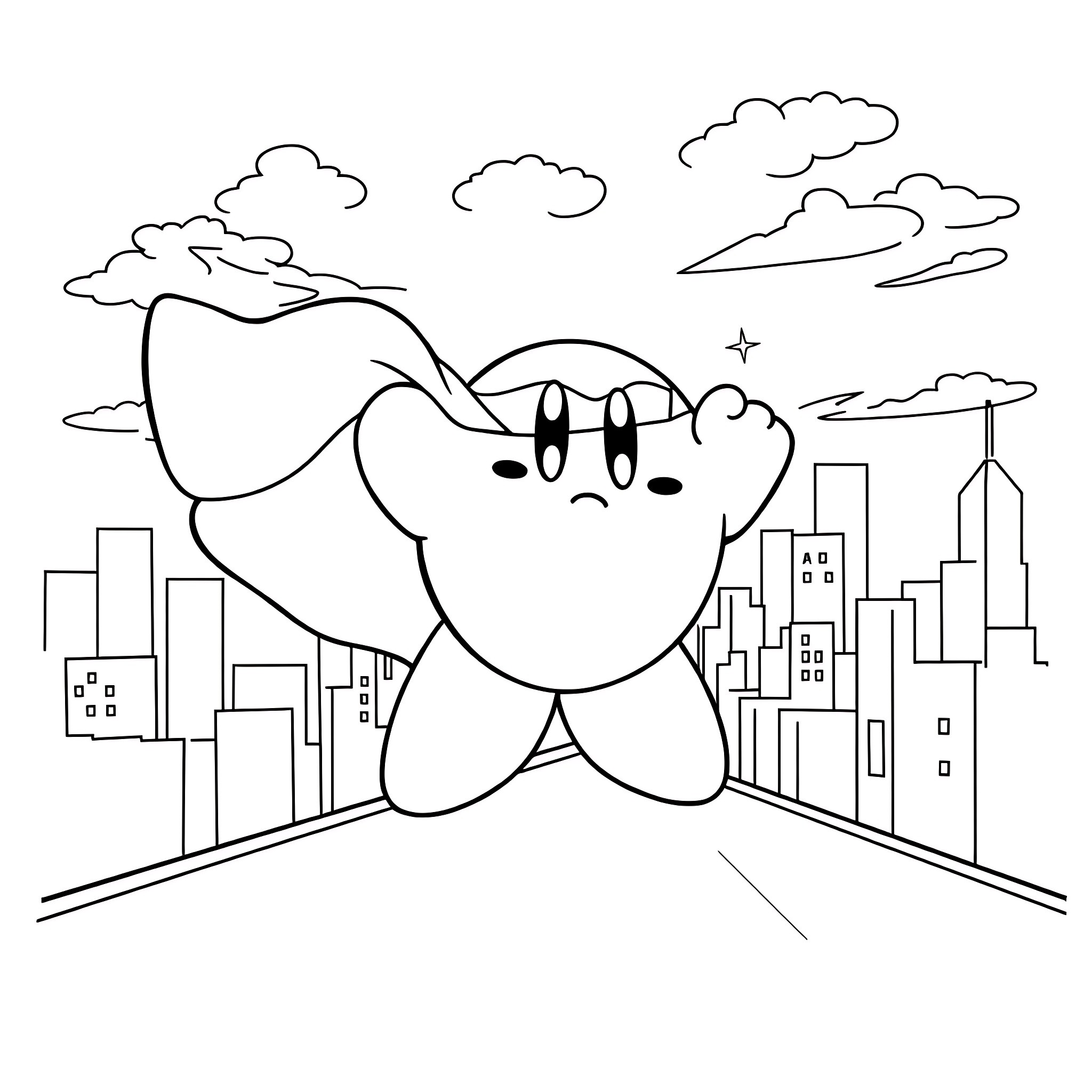 Kirby exploring the city skyline Coloring Page (free black-and-white line drawing printable PDF for all, from beginners to advanced learners, including children, teens, adults, and seniors)