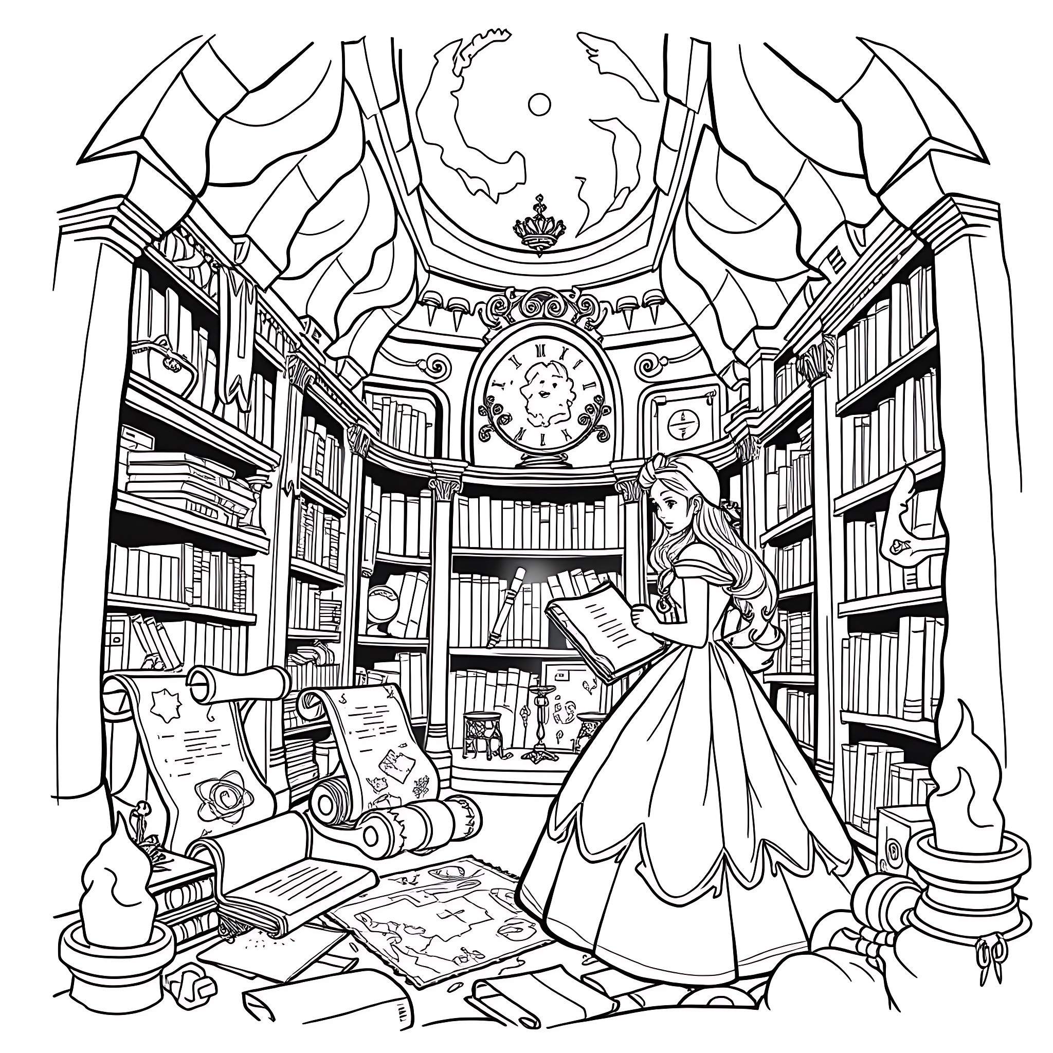 Belle Princess in a Whimsical Library Adventure Coloring Page (free black-and-white line drawing printable PDF for all, from beginners to advanced learners, including children, teens, adults, and seniors)