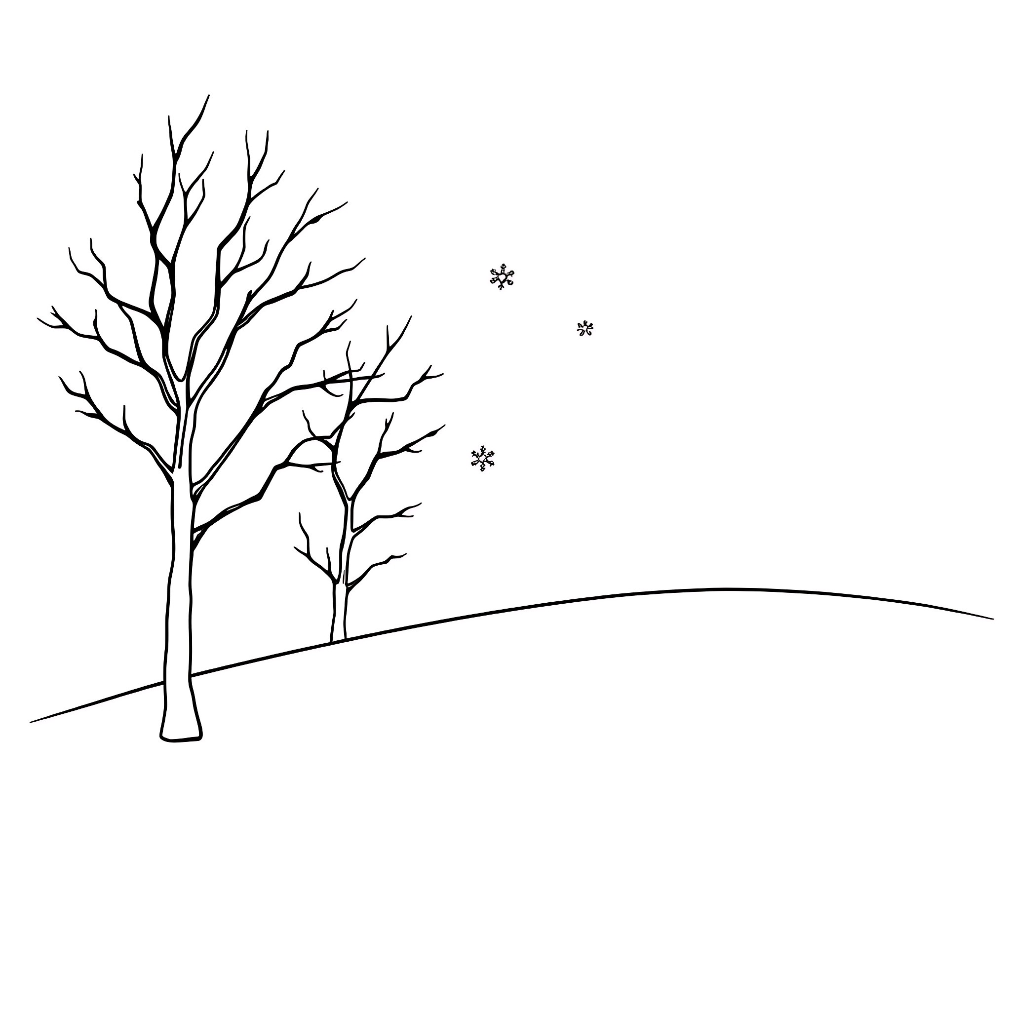 Snow-covered trees in a winter landscape Coloring Page (free black-and-white line drawing printable PDF for all, from beginners to advanced learners, including children, teens, adults, and seniors)