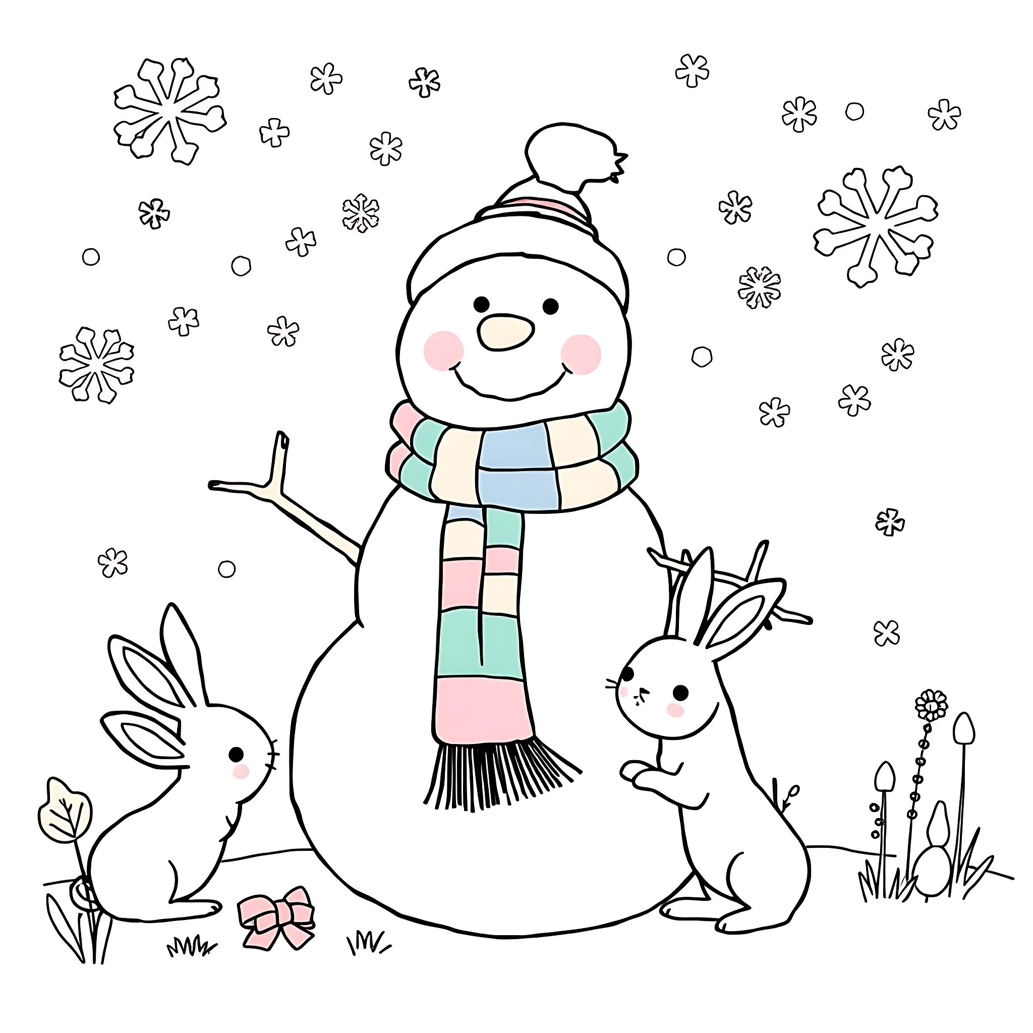 Snow Fun with Snowman and Bunnies Coloring Page (free black-and-white line drawing printable PDF for all, from beginners to advanced learners, including children, teens, adults, and seniors)