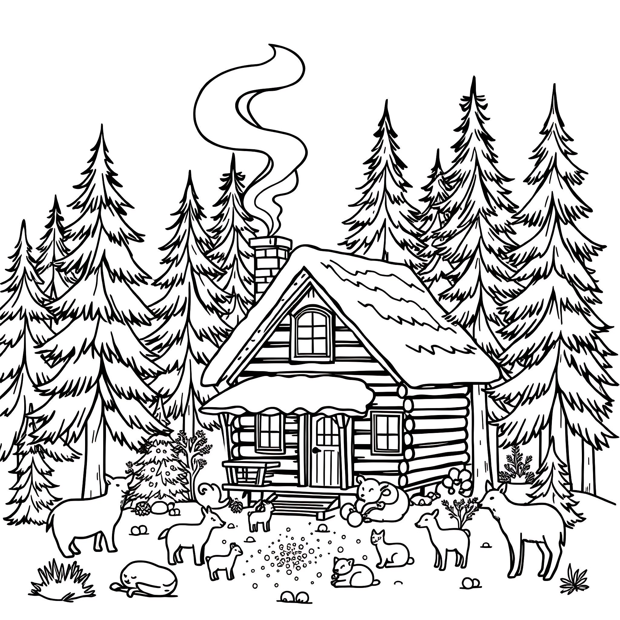 Snow cabin in the snowy forest with animals Coloring Page (free black-and-white line drawing printable PDF for all, from beginners to advanced learners, including children, teens, adults, and seniors)