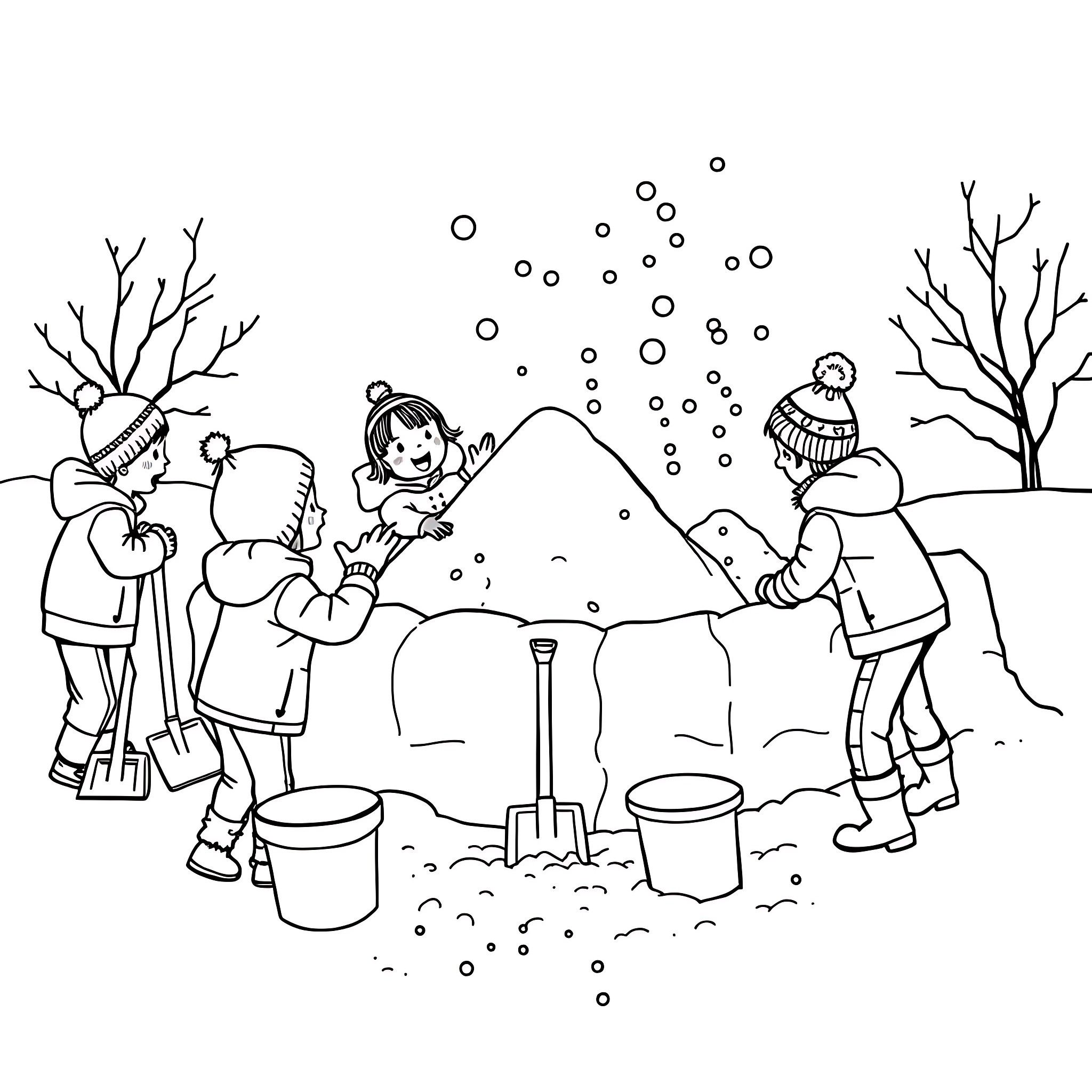 Snow Day Fun with Friends in the Winter Wonderland Coloring Page (free black-and-white line drawing printable PDF for all, from beginners to advanced learners, including children, teens, adults, and seniors)