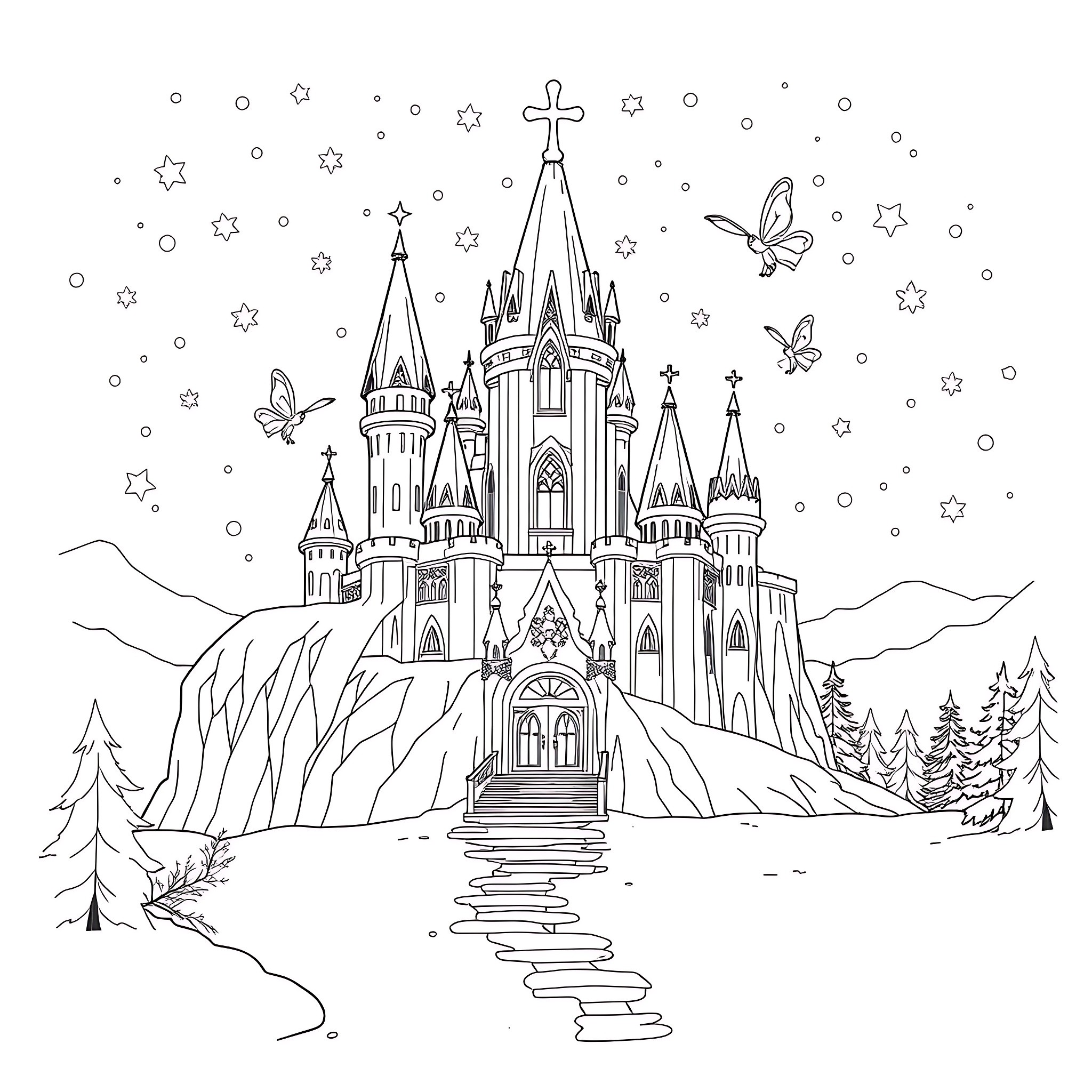 Snow Castle of Dreams and Butterflies Coloring Page (free black-and-white line drawing printable PDF for all, from beginners to advanced learners, including children, teens, adults, and seniors)
