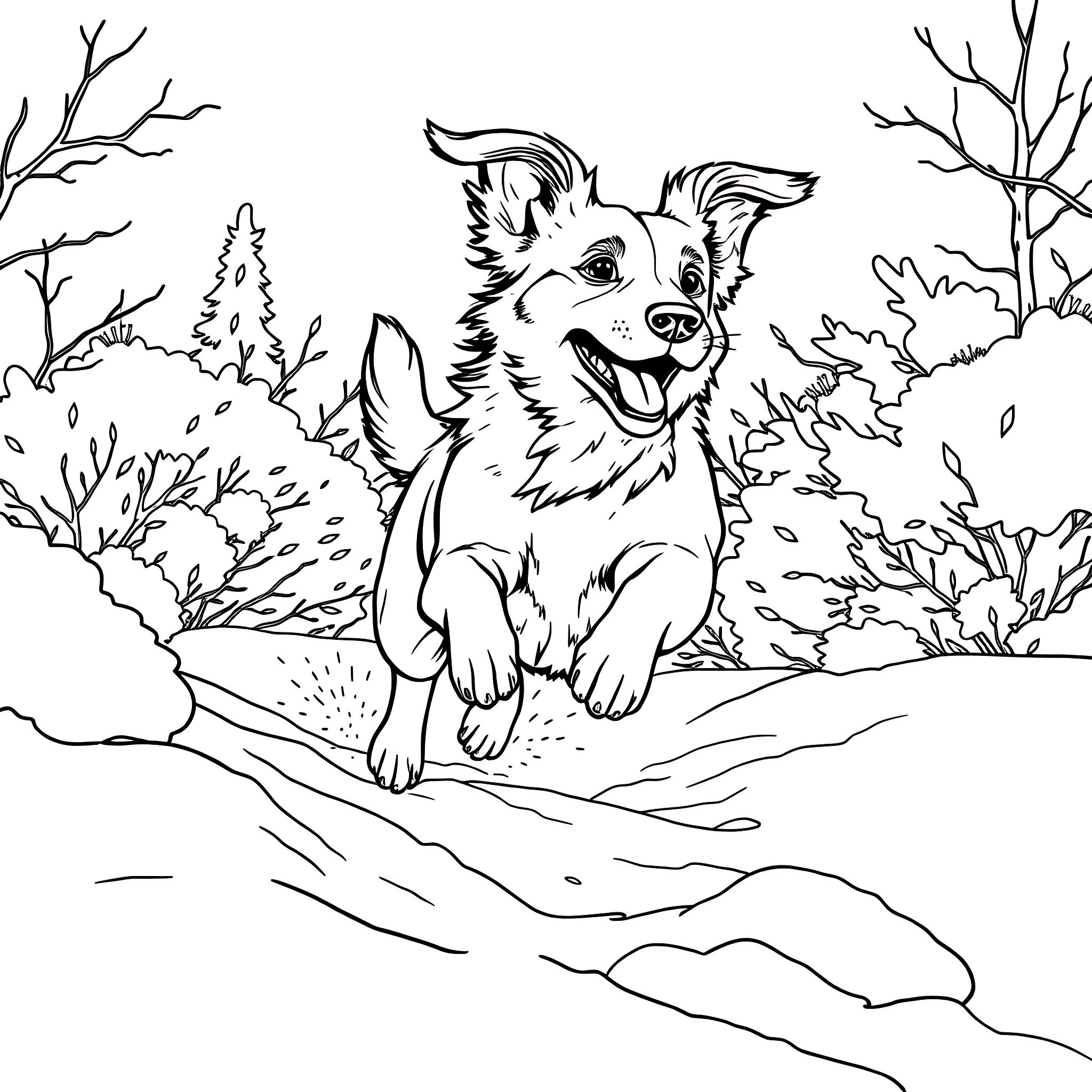 Snow dog playing happily in the winter forest Coloring Page (free black-and-white line drawing printable PDF for all, from beginners to advanced learners, including children, teens, adults, and seniors)