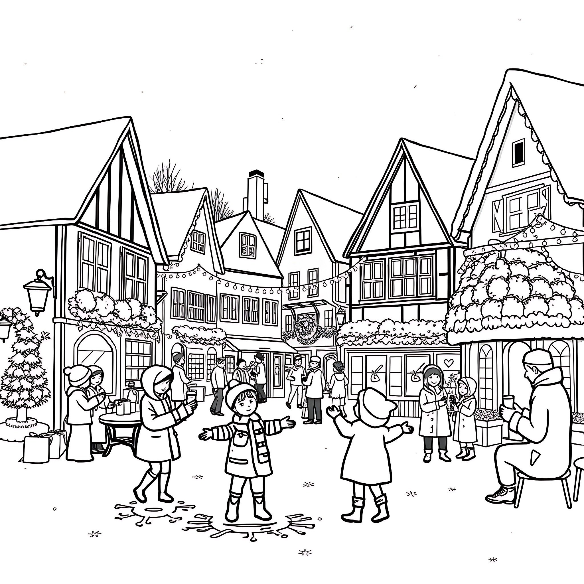 Snow Village with Lively Pedestrians Coloring Page (free black-and-white line drawing printable PDF for all, from beginners to advanced learners, including children, teens, adults, and seniors)