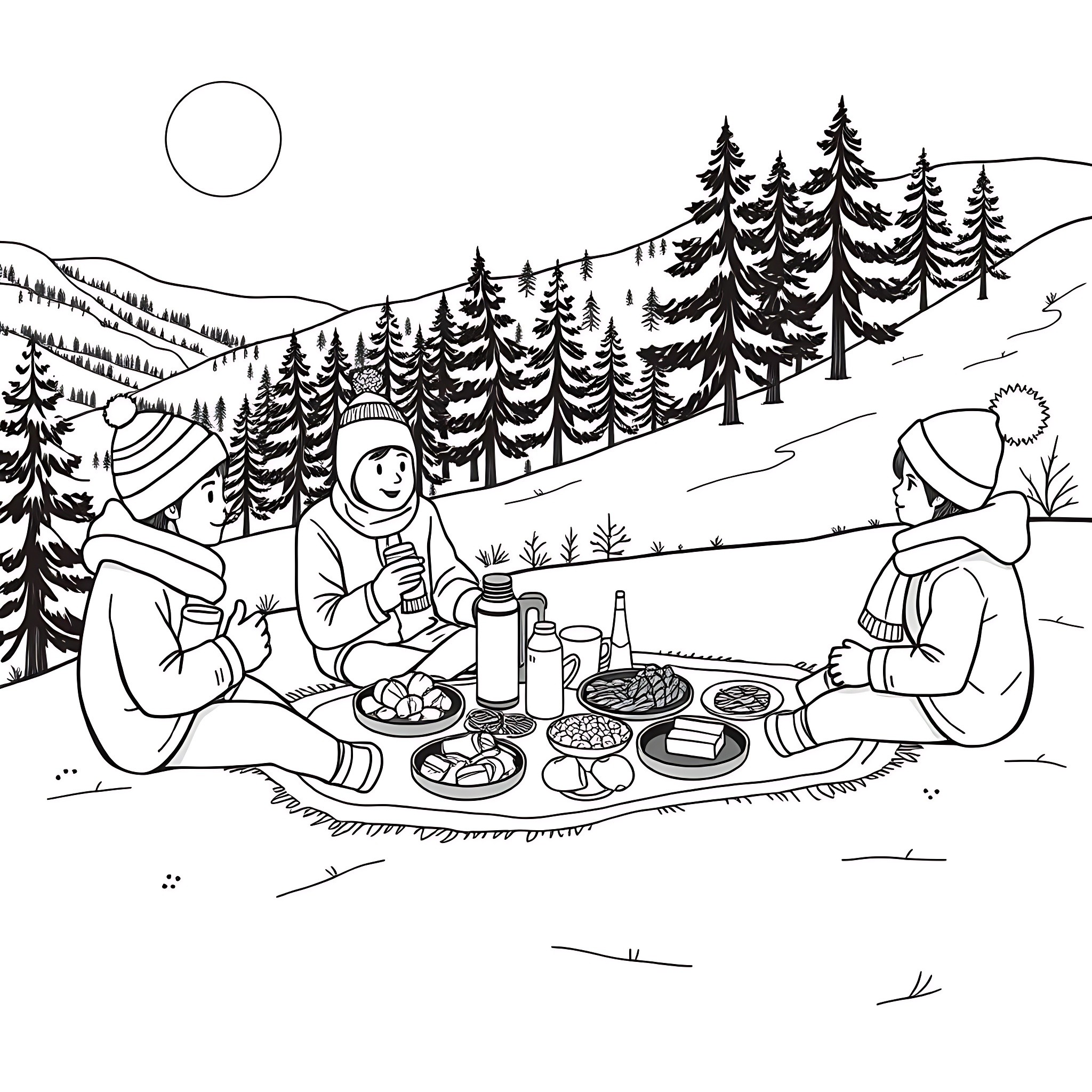 Snow fun and picnic in the winter forest Coloring Page (free black-and-white line drawing printable PDF for all, from beginners to advanced learners, including children, teens, adults, and seniors)