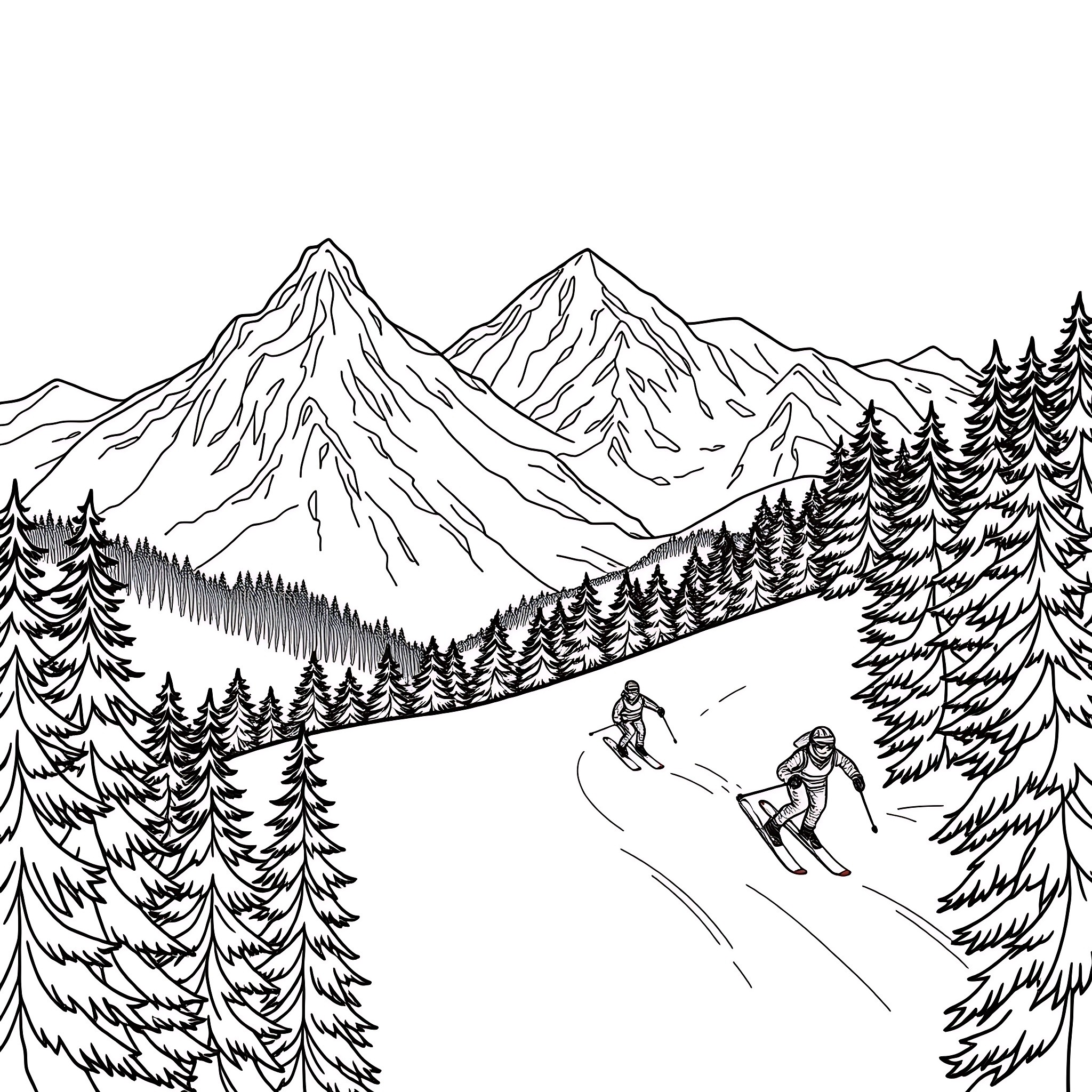 Snow sports in the mountain landscape Coloring Page (free black-and-white line drawing printable PDF for all, from beginners to advanced learners, including children, teens, adults, and seniors)