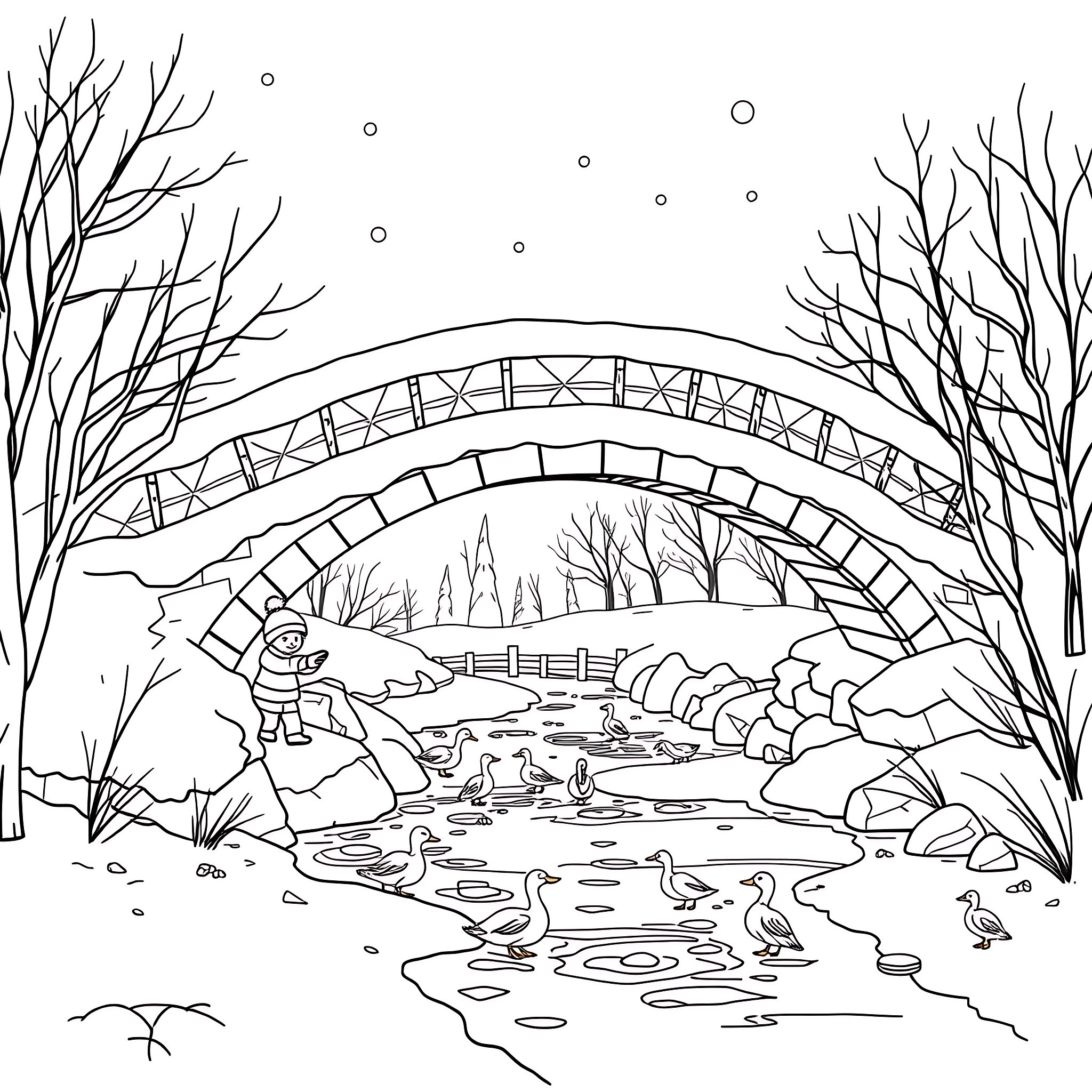 Snow fun at the bridge in the park Coloring Page (free black-and-white line drawing printable PDF for all, from beginners to advanced learners, including children, teens, adults, and seniors)