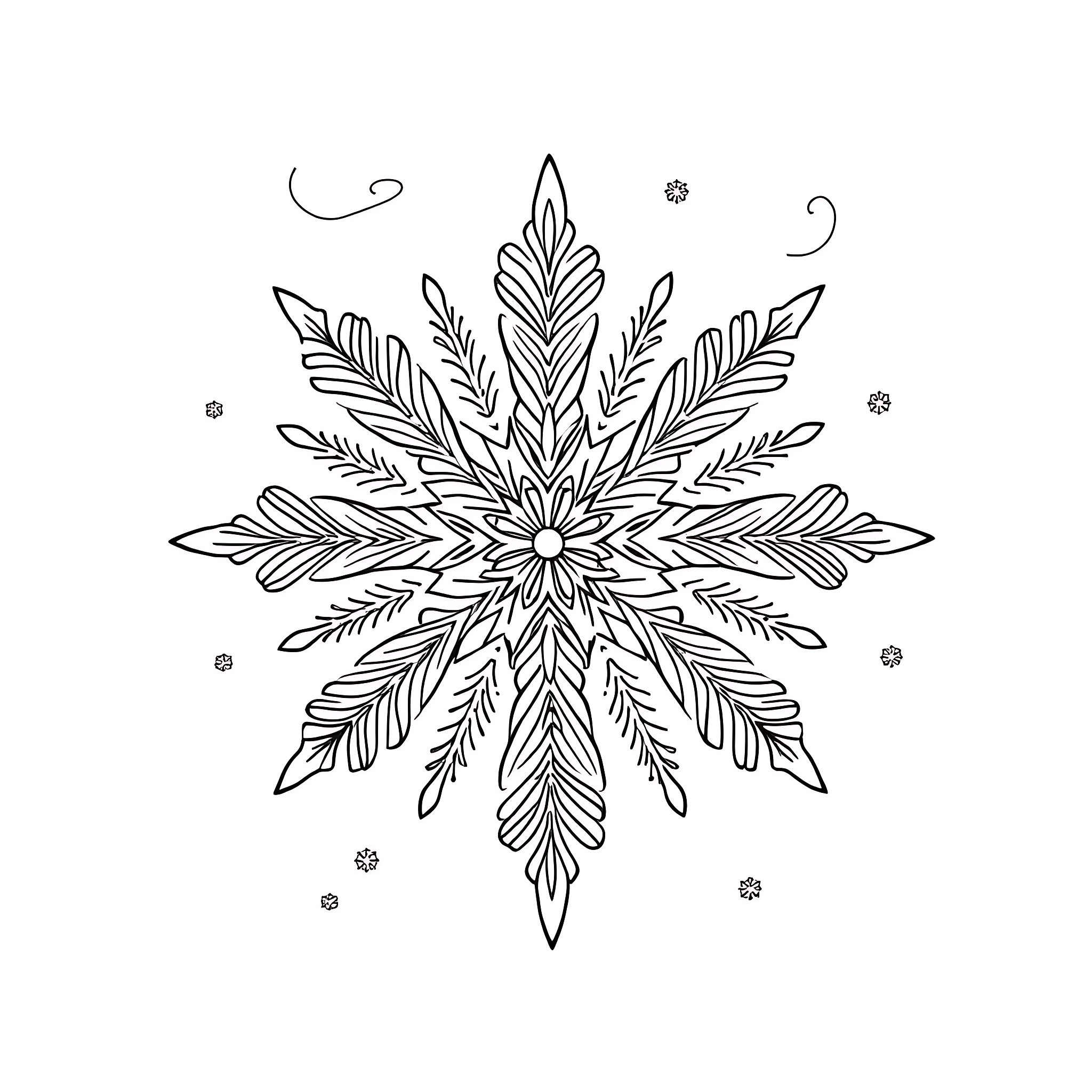 Snow Snowflake with Intricate Floral Design Coloring Page (free black-and-white line drawing printable PDF for all, from beginners to advanced learners, including children, teens, adults, and seniors)
