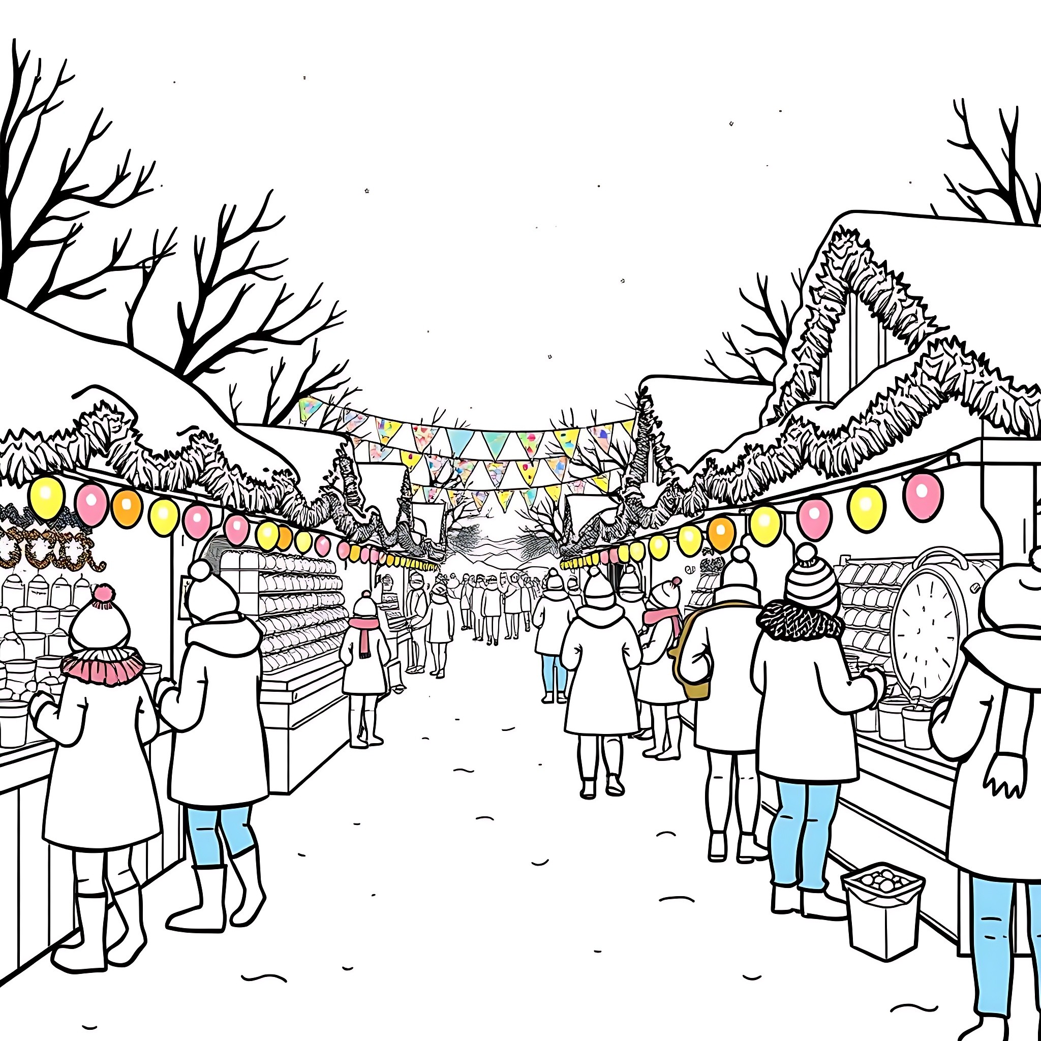 Snow festival with festive decorations and crowd Coloring Page (free black-and-white line drawing printable PDF for all, from beginners to advanced learners, including children, teens, adults, and seniors)