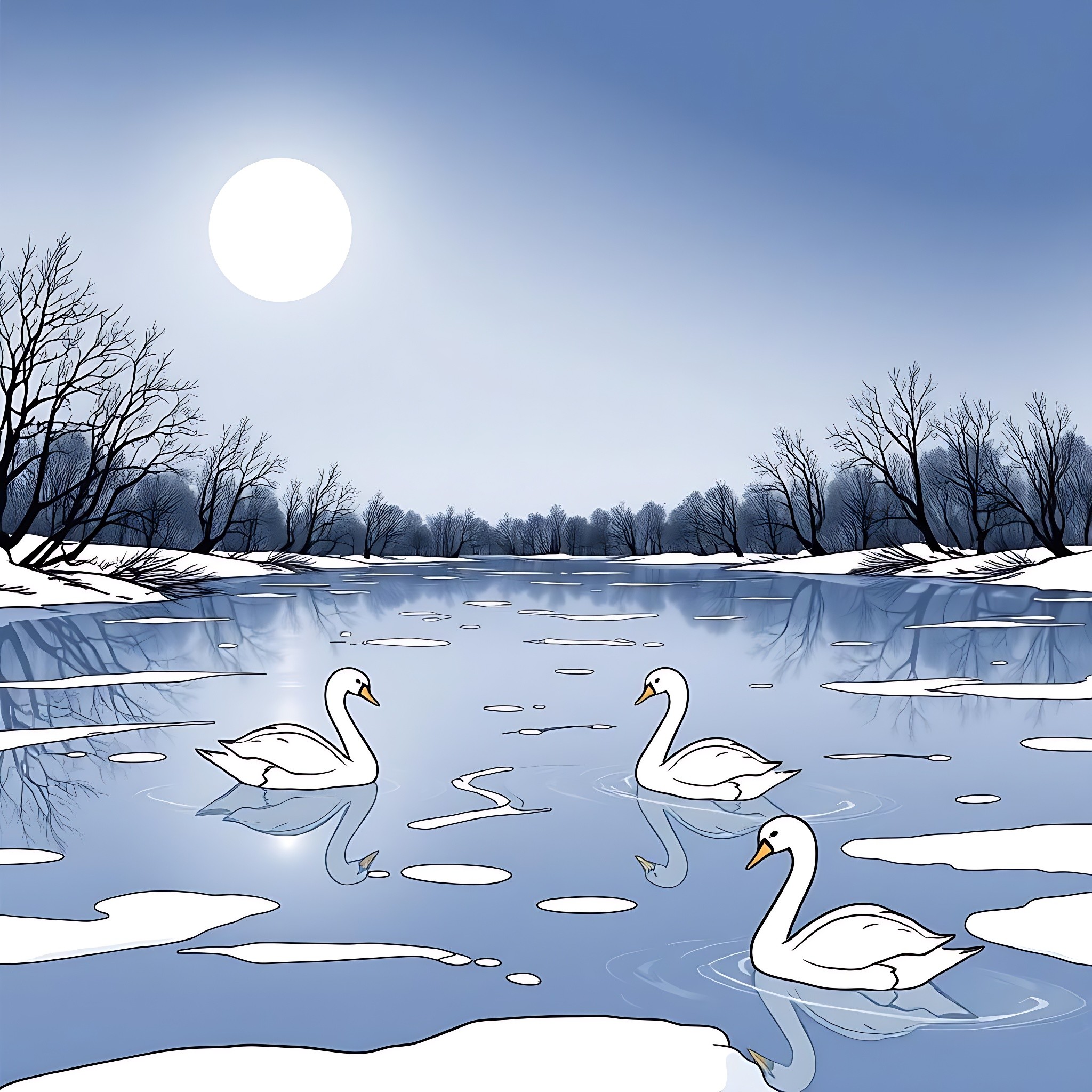 Snow swans swimming in the frozen lake Coloring Page (free black-and-white line drawing printable PDF for all, from beginners to advanced learners, including children, teens, adults, and seniors)