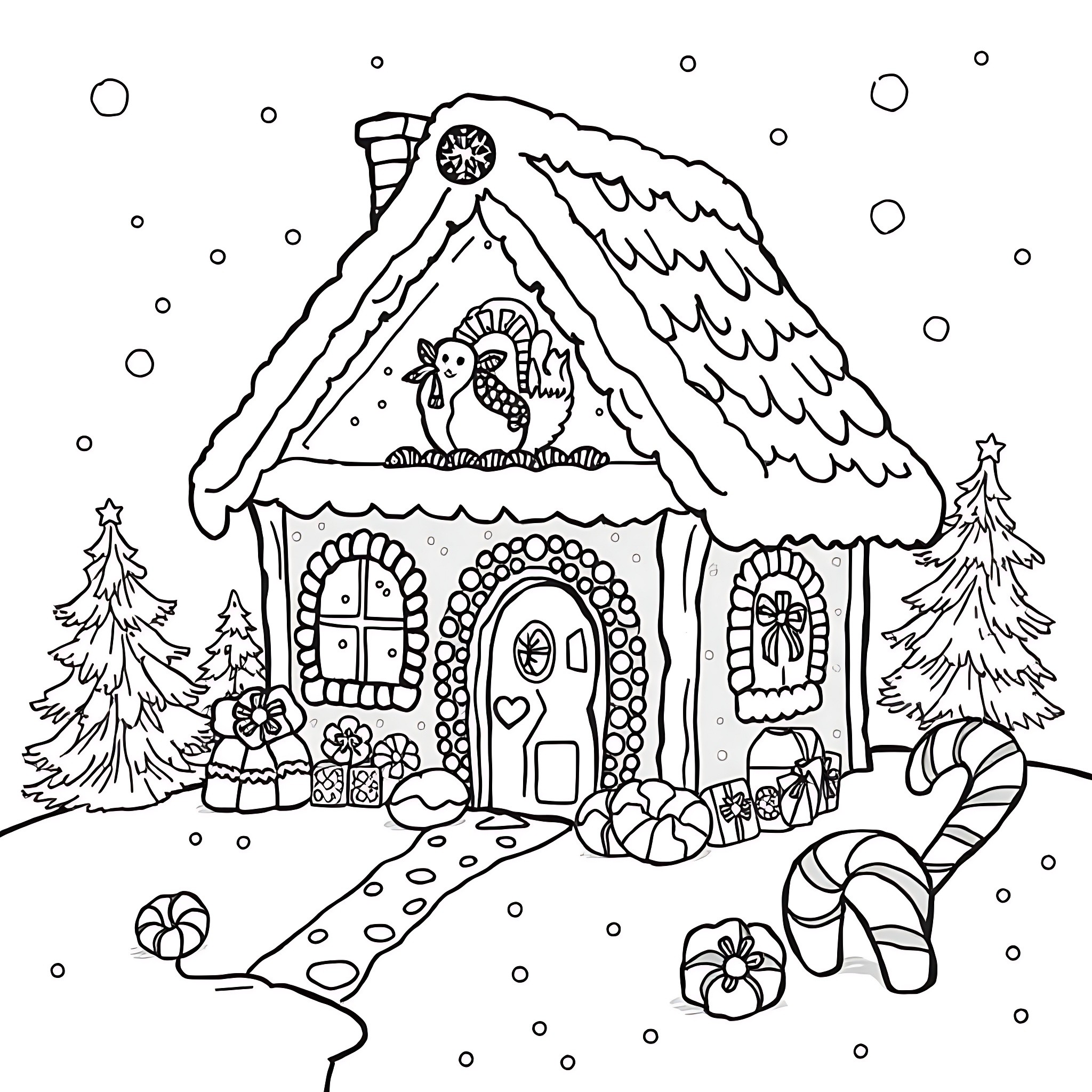 Snow Covered Gingerbread House in Winter Wonderland Coloring Page (free black-and-white line drawing printable PDF for all, from beginners to advanced learners, including children, teens, adults, and seniors)