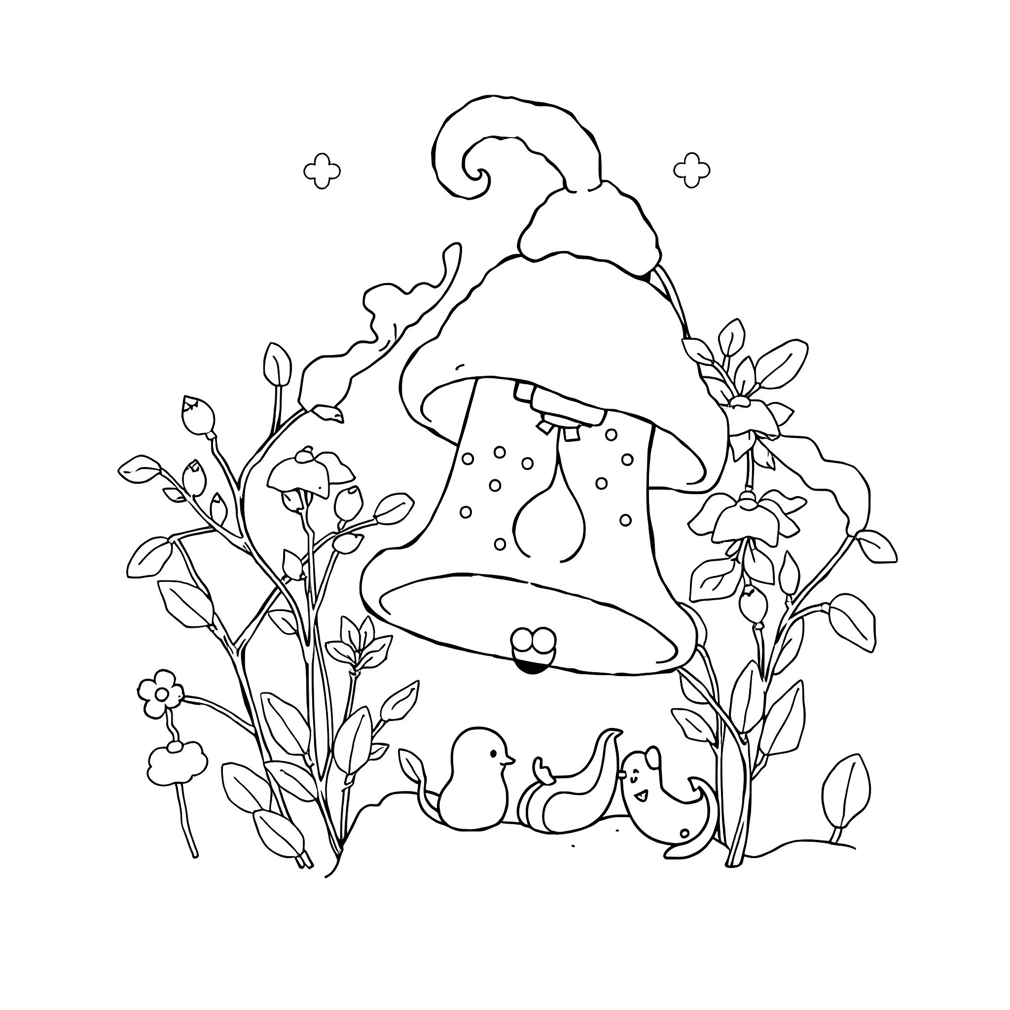 Snow-capped mushrooms and whimsical birds in flowery scene Coloring Page (free black-and-white line drawing printable PDF for all, from beginners to advanced learners, including children, teens, adults, and seniors)