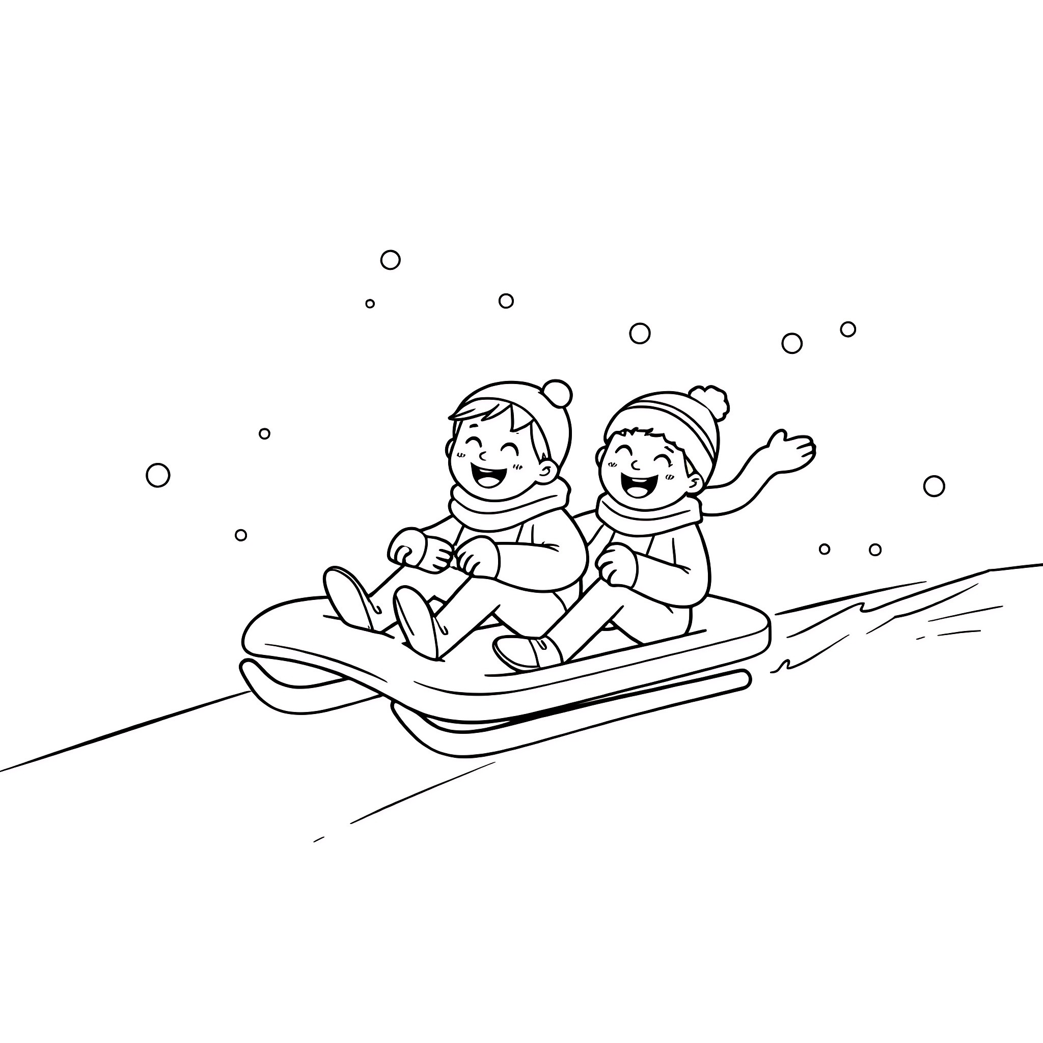 Snow day sledding fun with friends Coloring Page (free black-and-white line drawing printable PDF for all, from beginners to advanced learners, including children, teens, adults, and seniors)
