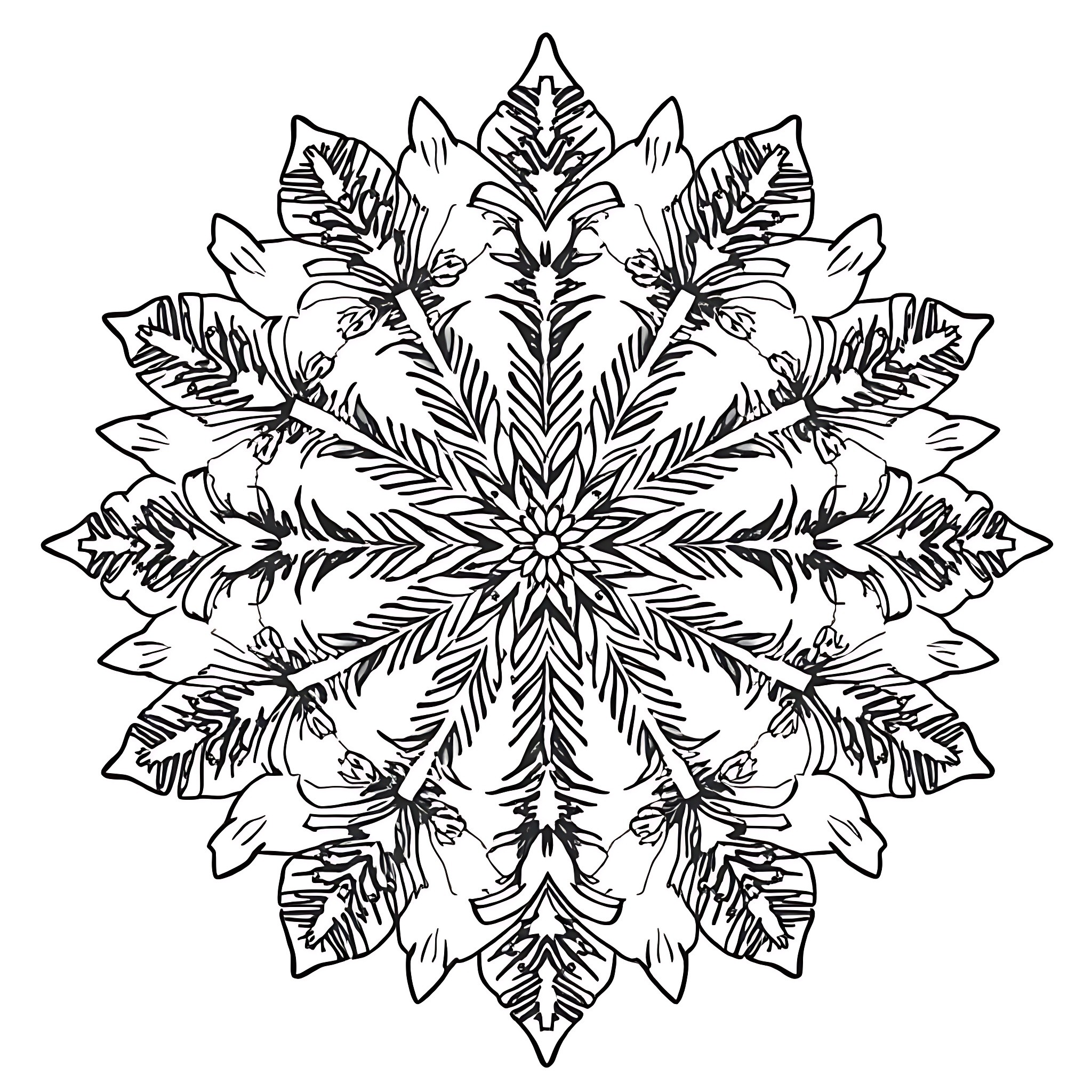 Snow crystals in intricate pattern Coloring Page (free black-and-white line drawing printable PDF for all, from beginners to advanced learners, including children, teens, adults, and seniors)