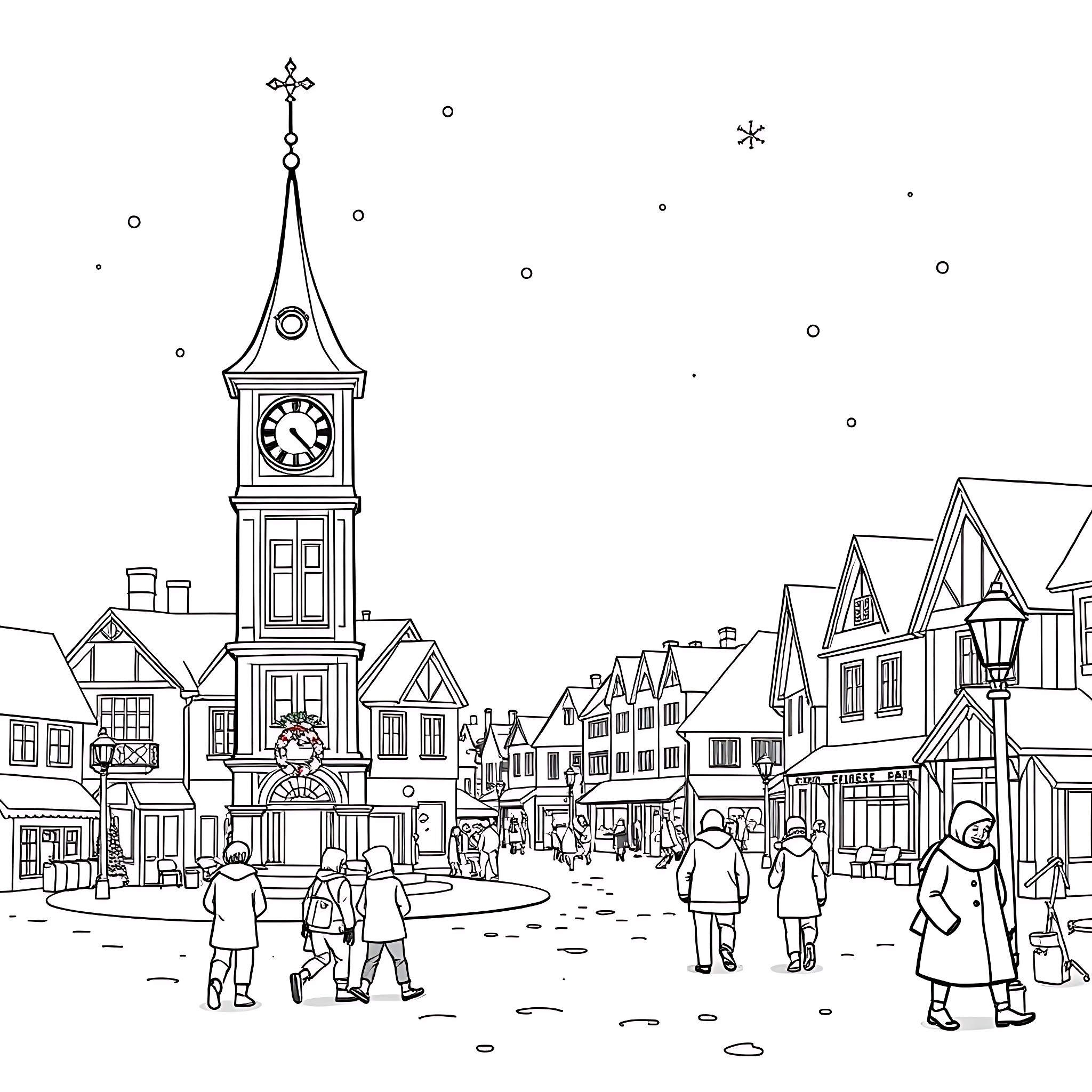 Snow covered old town with clock tower and people walking Coloring Page (free black-and-white line drawing printable PDF for all, from beginners to advanced learners, including children, teens, adults, and seniors)