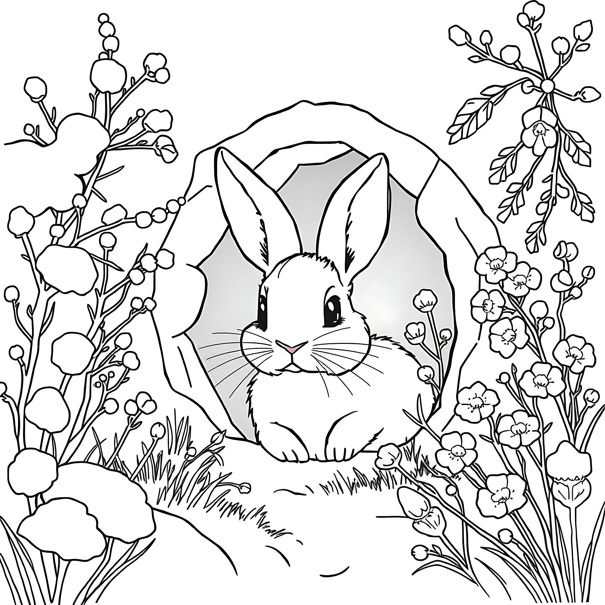 Snow bunny in a blooming meadow Coloring Page (free black-and-white line drawing printable PDF for all, from beginners to advanced learners, including children, teens, adults, and seniors)