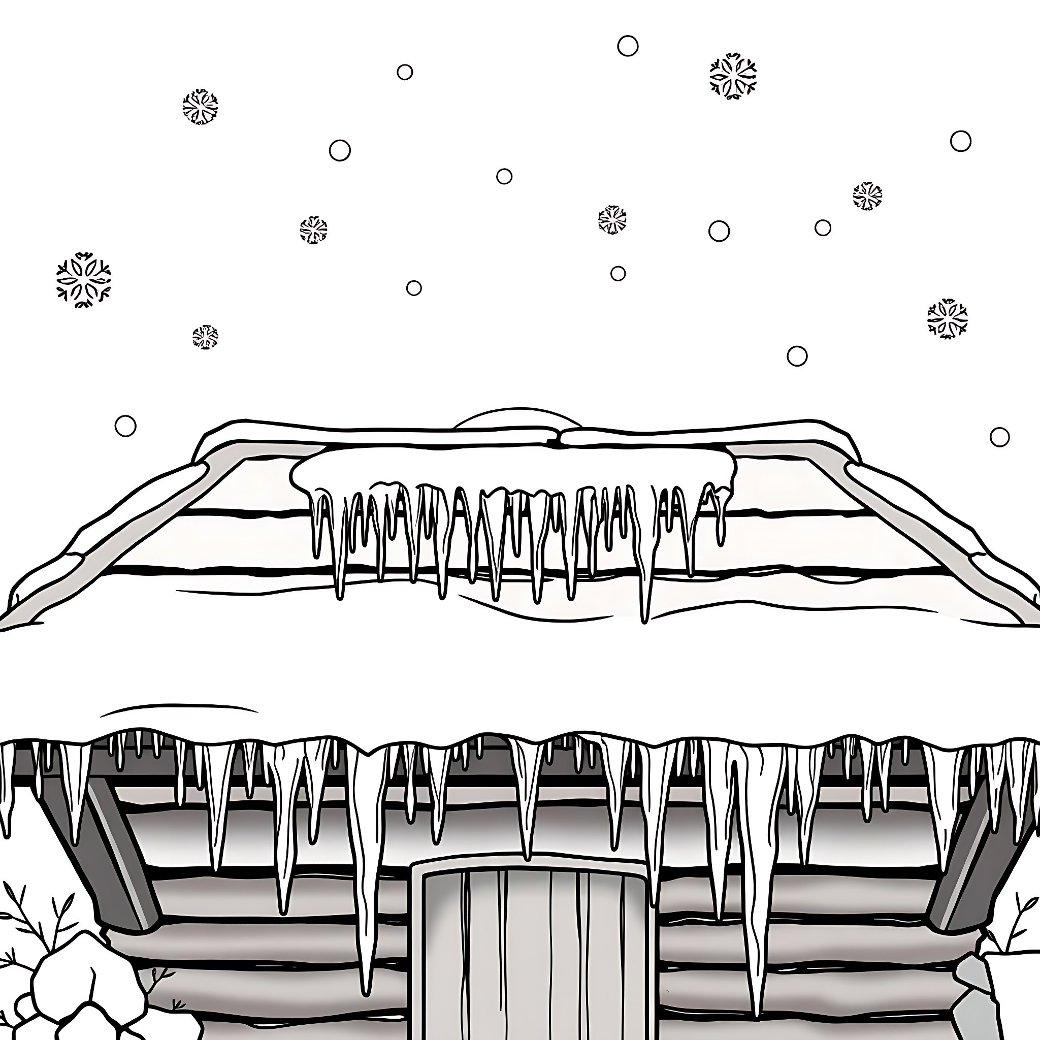 Snow covered mountain landscape with icicles Coloring Page (free black-and-white line drawing printable PDF for all, from beginners to advanced learners, including children, teens, adults, and seniors)