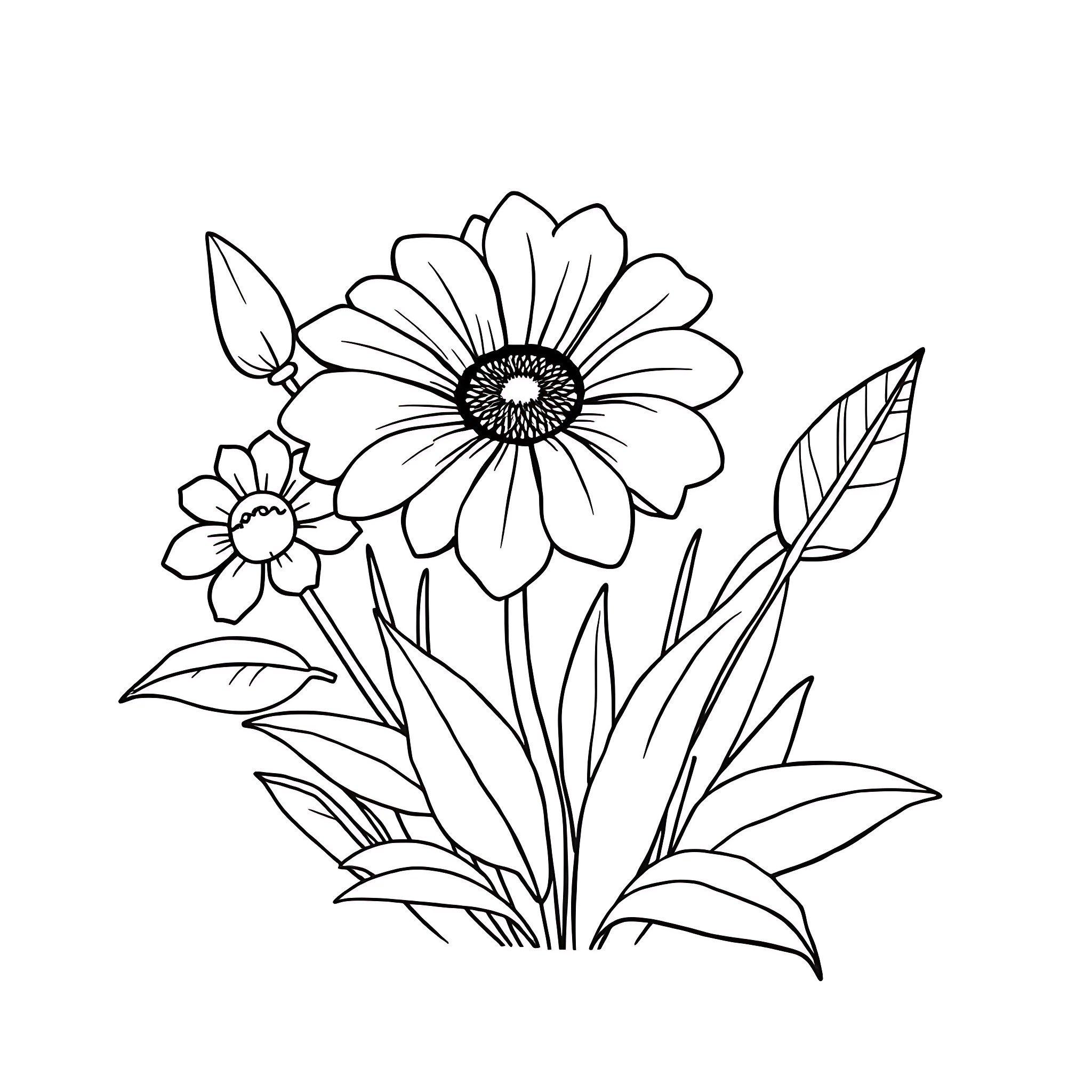 Nature's Floral Delight: Simple Daisy Blooms Coloring Page (free black-and-white line drawing printable PDF for all, from beginners to advanced learners, including children, teens, adults, and seniors)