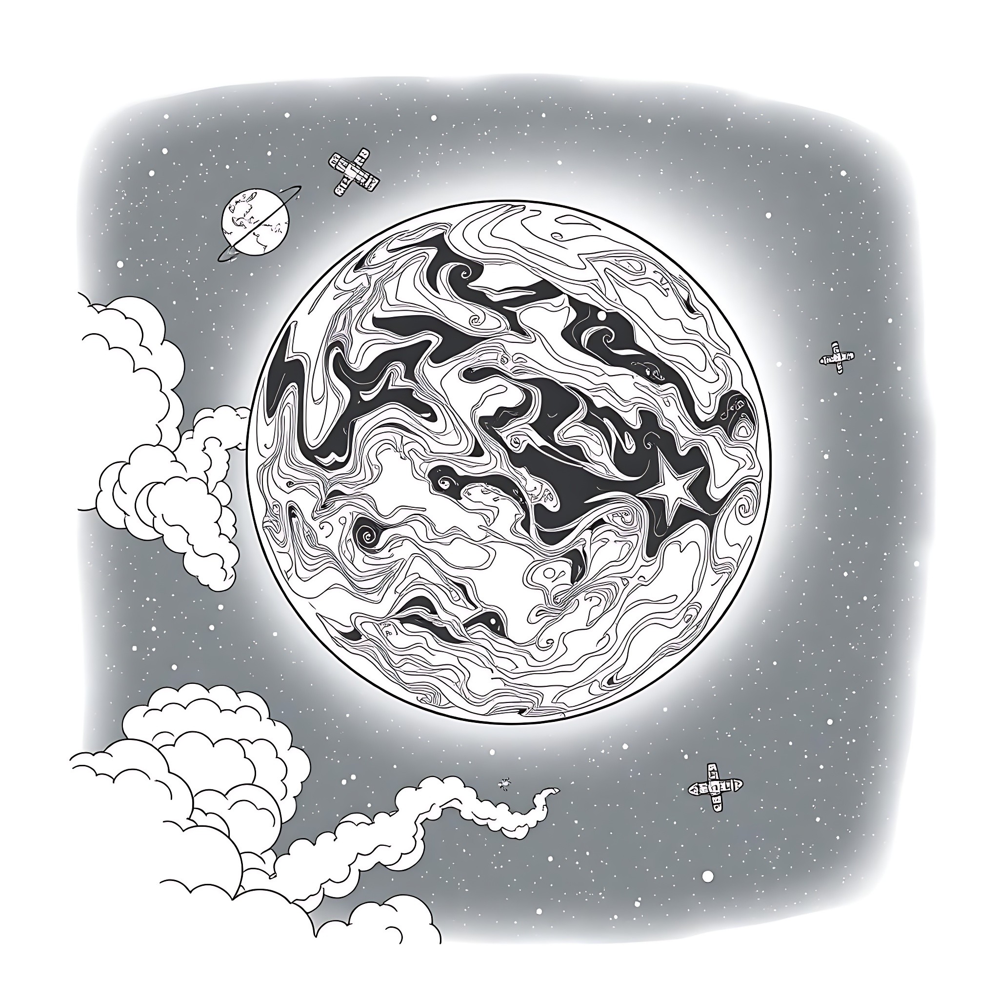 Solar System planet in the night sky Coloring Page (free black-and-white line drawing printable PDF for all, from beginners to advanced learners, including children, teens, adults, and seniors)