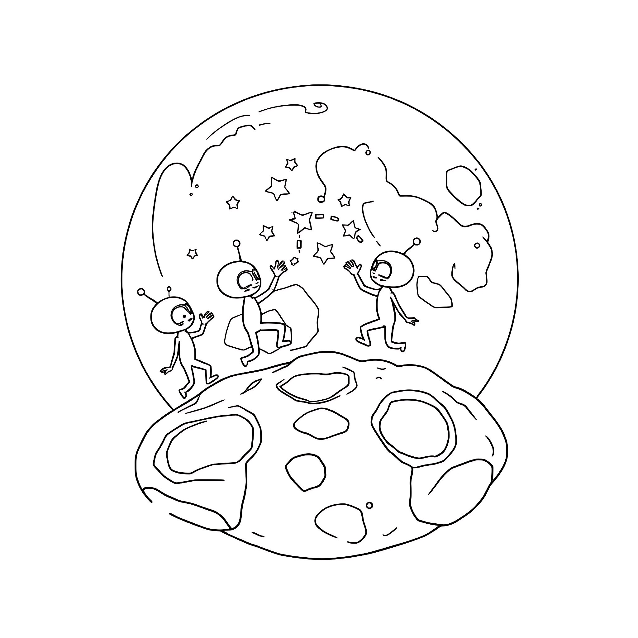 Solar System Exploration with Curious Astronauts Coloring Page (free black-and-white line drawing printable PDF for all, from beginners to advanced learners, including children, teens, adults, and seniors)