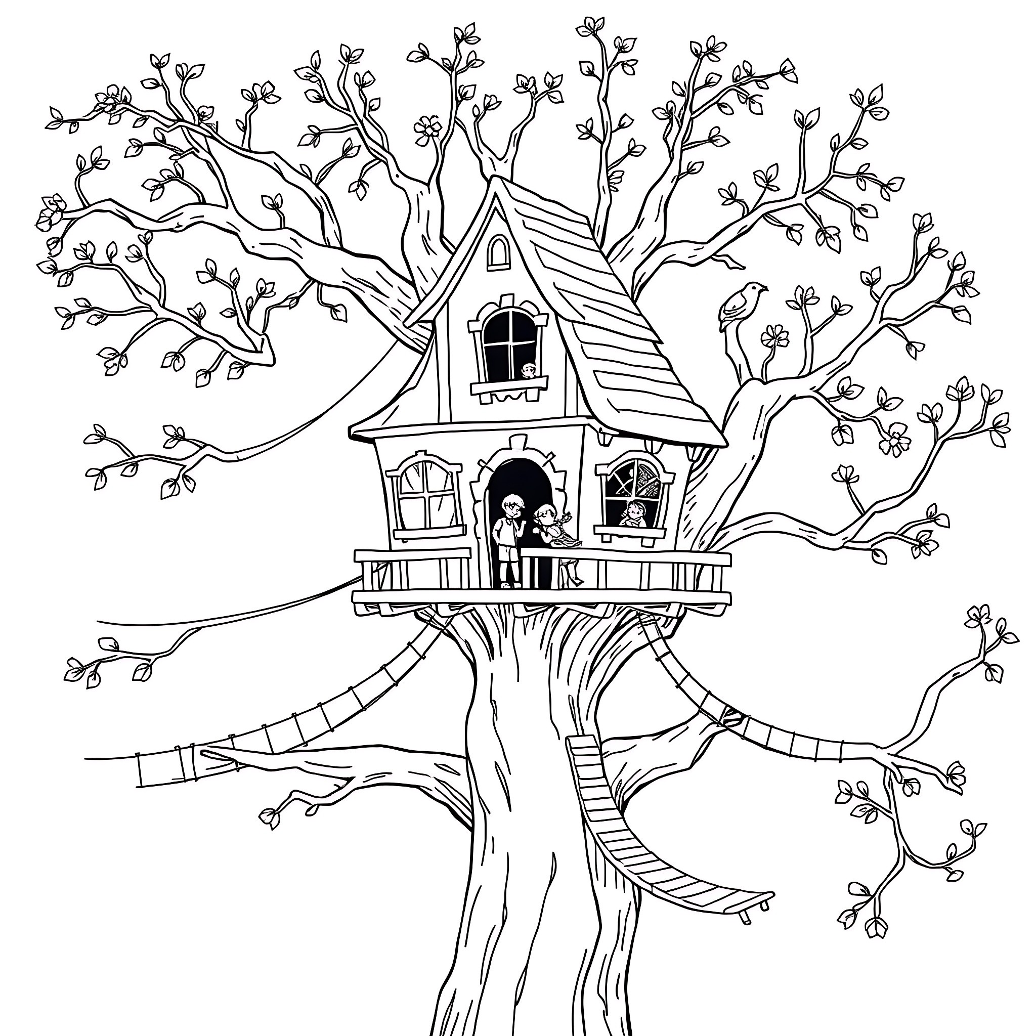 Nature's Whimsical Treehouse Coloring Page (free black-and-white line drawing printable PDF for all, from beginners to advanced learners, including children, teens, adults, and seniors)